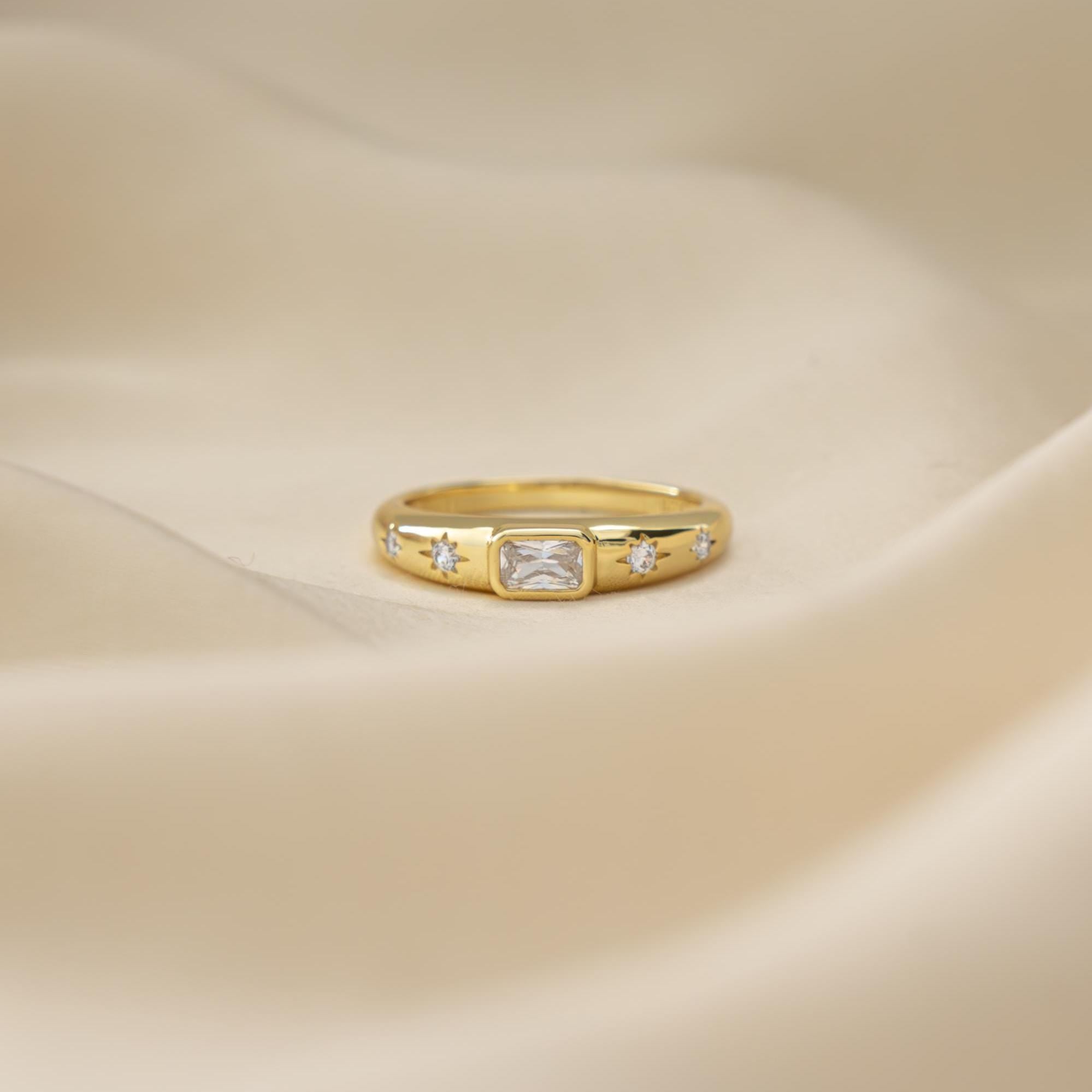 Baguette Starburst Dome Ring, Diamond Dainty Ring, Statement Ring, Gold Ring, Silver Ring, Gift For Her, North Star Ring, Stacking Ring