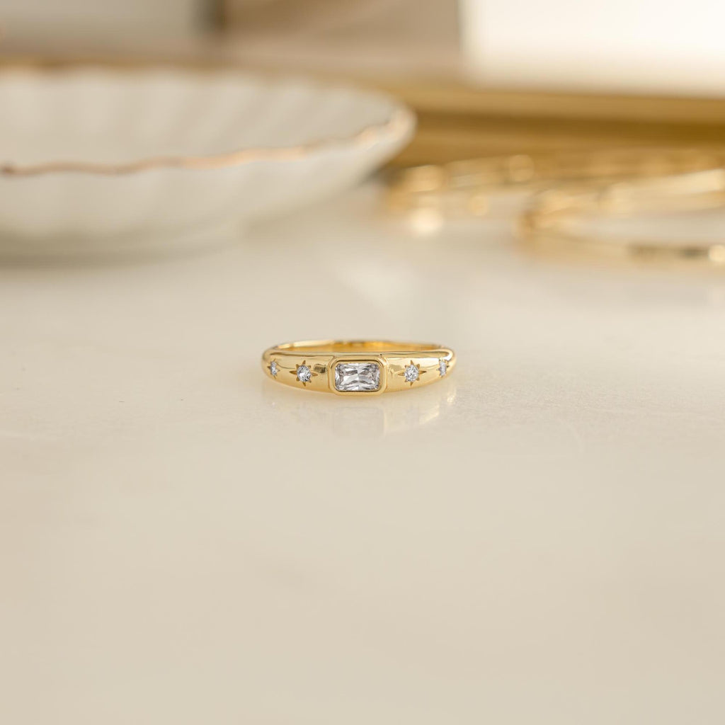 Baguette Starburst Dome Ring, Diamond Dainty Ring, Statement Ring, Gold Ring, Silver Ring, Gift For Her, North Star Ring, Stacking Ring