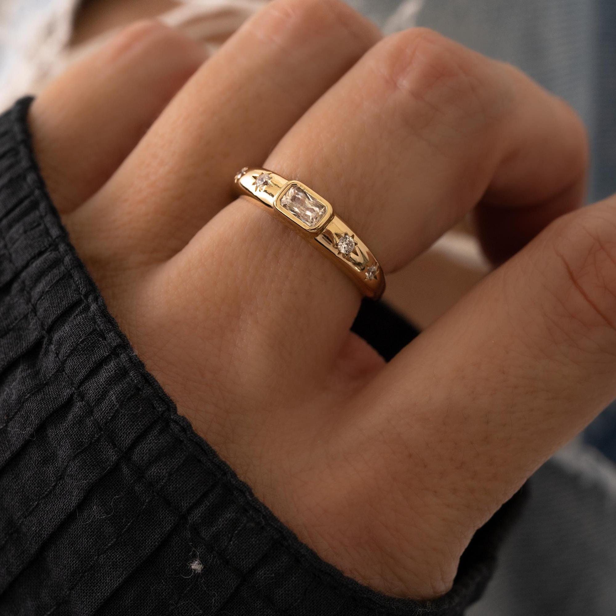 Baguette Starburst Dome Ring, Diamond Dainty Ring, Statement Ring, Gold Ring, Silver Ring, Gift For Her, North Star Ring, Stacking Ring