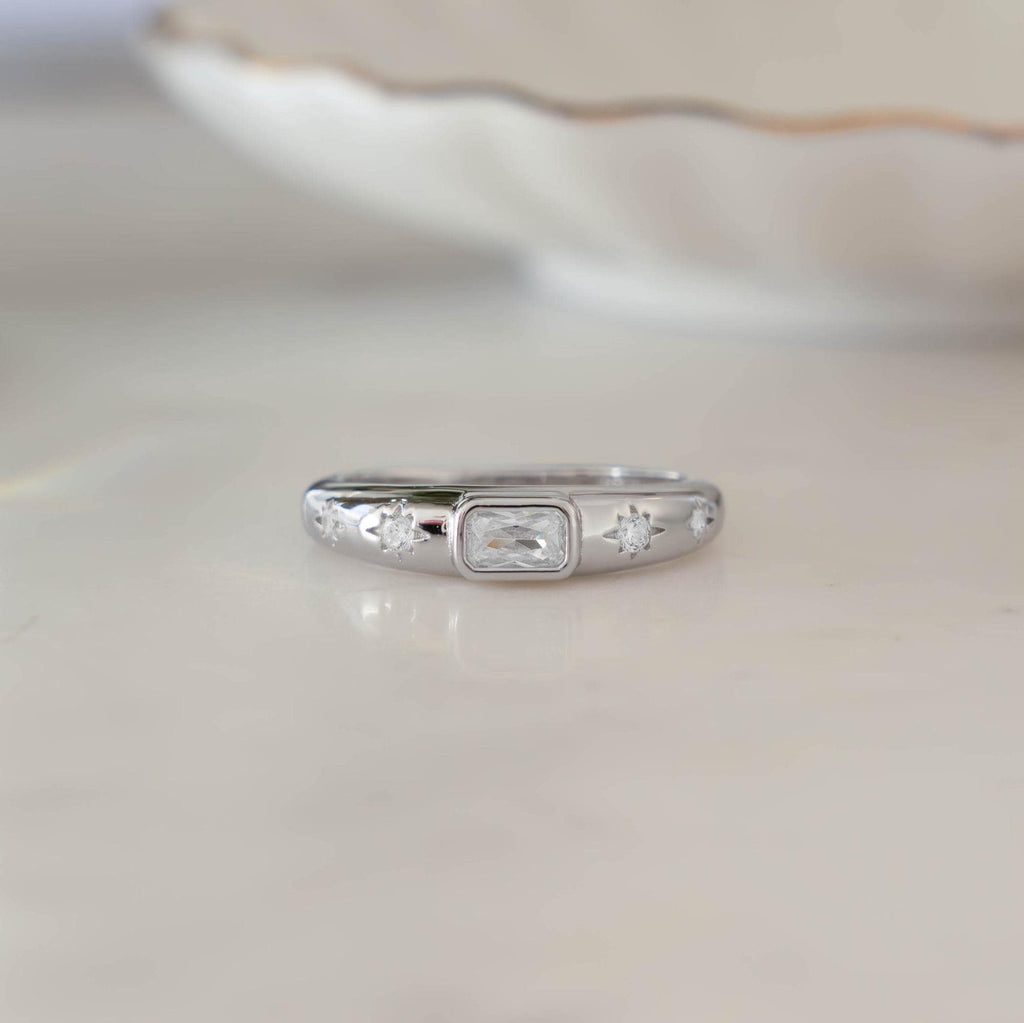 Baguette Starburst Dome Ring, Diamond Dainty Ring, Statement Ring, Gold Ring, Silver Ring, Gift For Her, North Star Ring, Stacking Ring