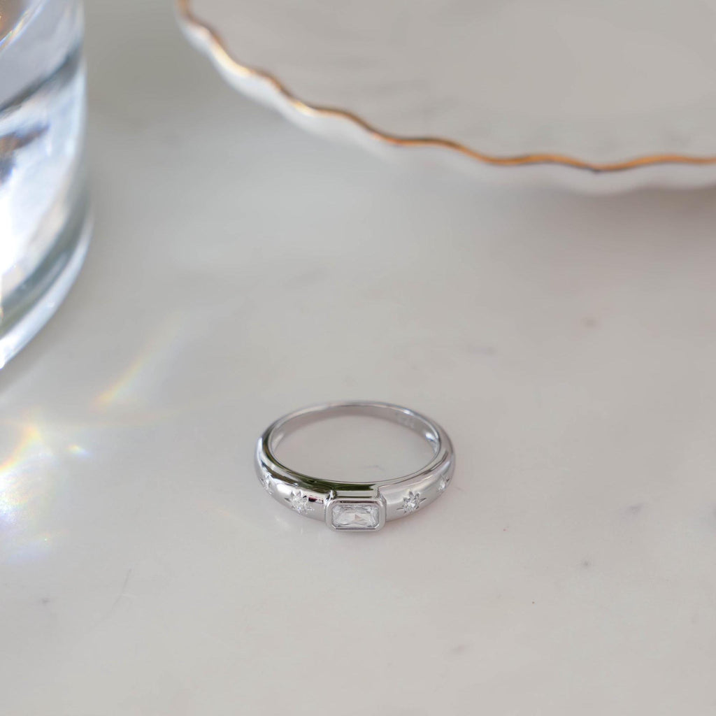 Baguette Starburst Dome Ring, Diamond Dainty Ring, Statement Ring, Gold Ring, Silver Ring, Gift For Her, North Star Ring, Stacking Ring