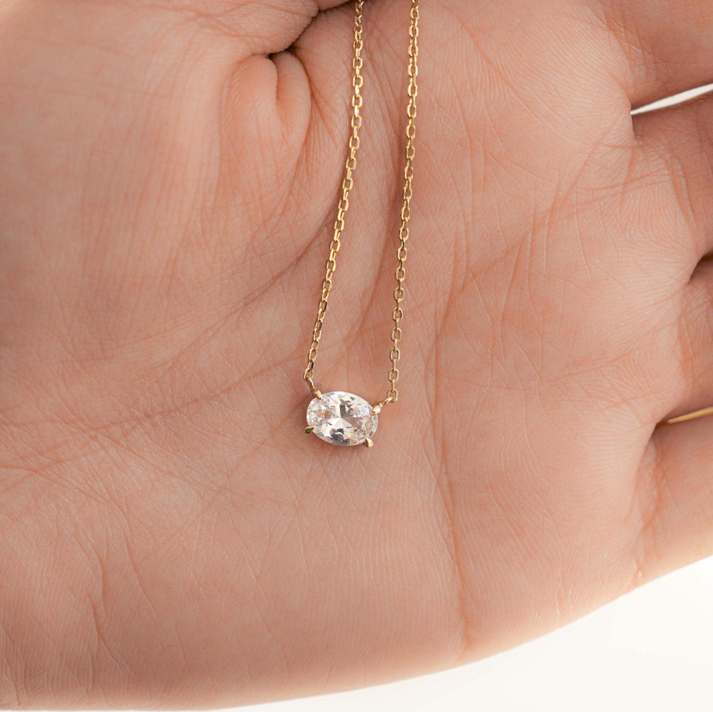 Oval Necklace, Solitaire Necklace, Pendant Necklace, Diamond Pendant, Dainty Gold Necklace, Bridal Jewelry, Layering Necklace