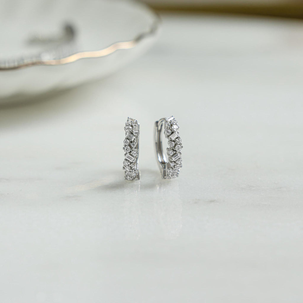 Multi Stone Huggie Hoop Earrings, Huggie Earrings, Small Hoop Earrings, Diamond Earrings, Bridesmaid Gift, Gift for Her, Bridal Earrings