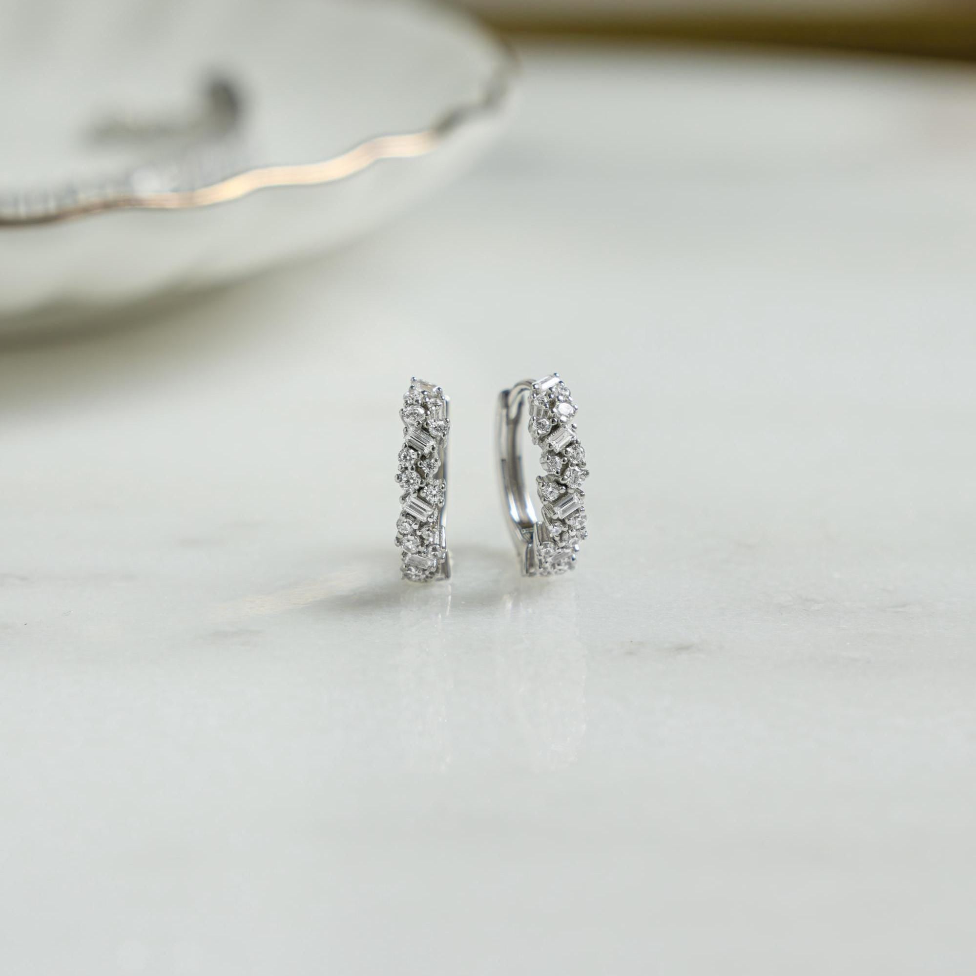 Multi Stone Huggie Hoop Earrings, Huggie Earrings, Small Hoop Earrings, Diamond Earrings, Bridesmaid Gift, Gift for Her, Bridal Earrings