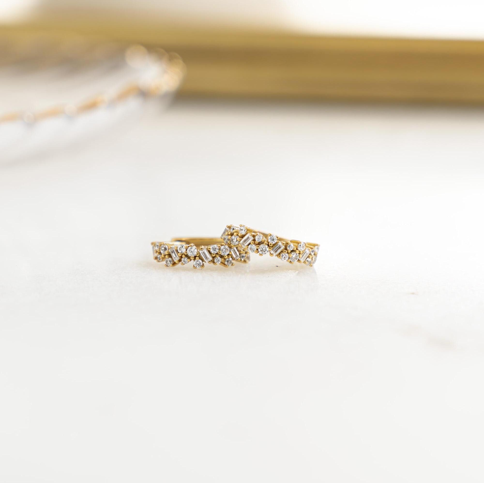 Multi Stone Huggie Hoop Earrings, Huggie Earrings, Small Hoop Earrings, Diamond Earrings, Bridesmaid Gift, Gift for Her, Bridal Earrings