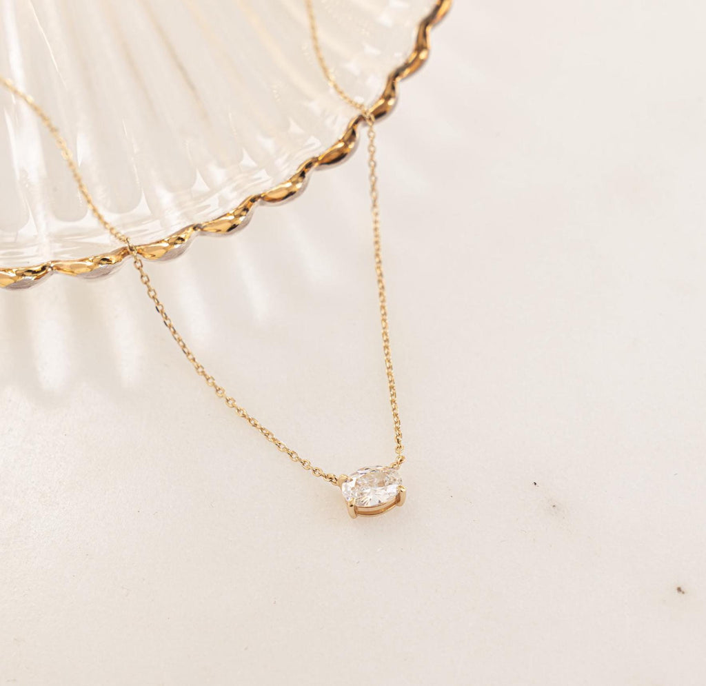 Oval Necklace, Solitaire Necklace, Pendant Necklace, Diamond Pendant, Dainty Gold Necklace, Bridal Jewelry, Layering Necklace