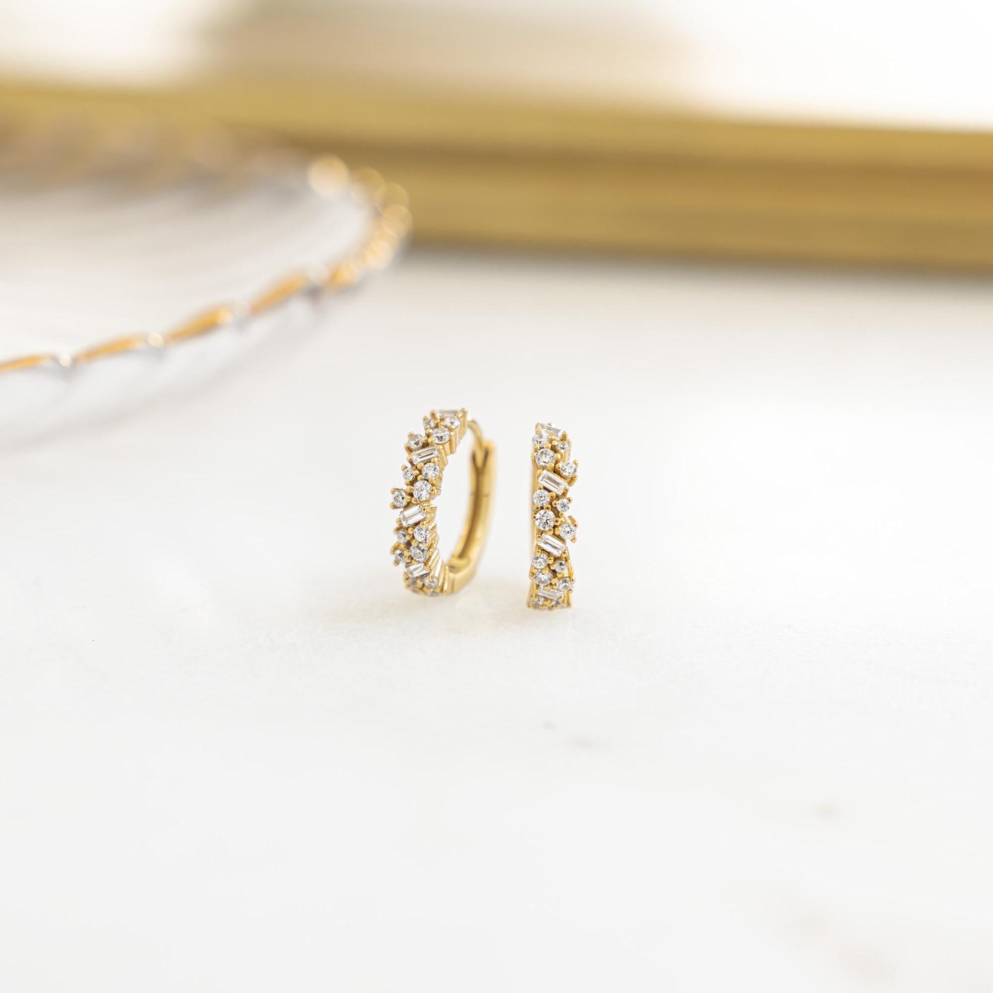 Multi Stone Huggie Hoop Earrings, Huggie Earrings, Small Hoop Earrings, Diamond Earrings, Bridesmaid Gift, Gift for Her, Bridal Earrings