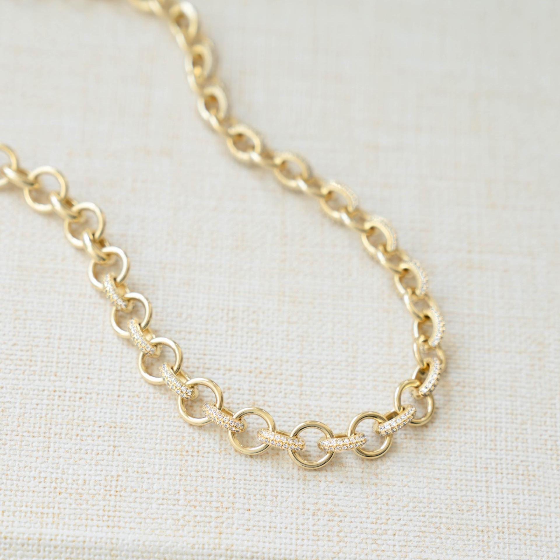 Pavé Chain Necklace, Statement Necklace, Diamond Necklace, Vintage Necklace, Chunky Necklace, Gift for Her, Gold Necklace, Layering Necklace