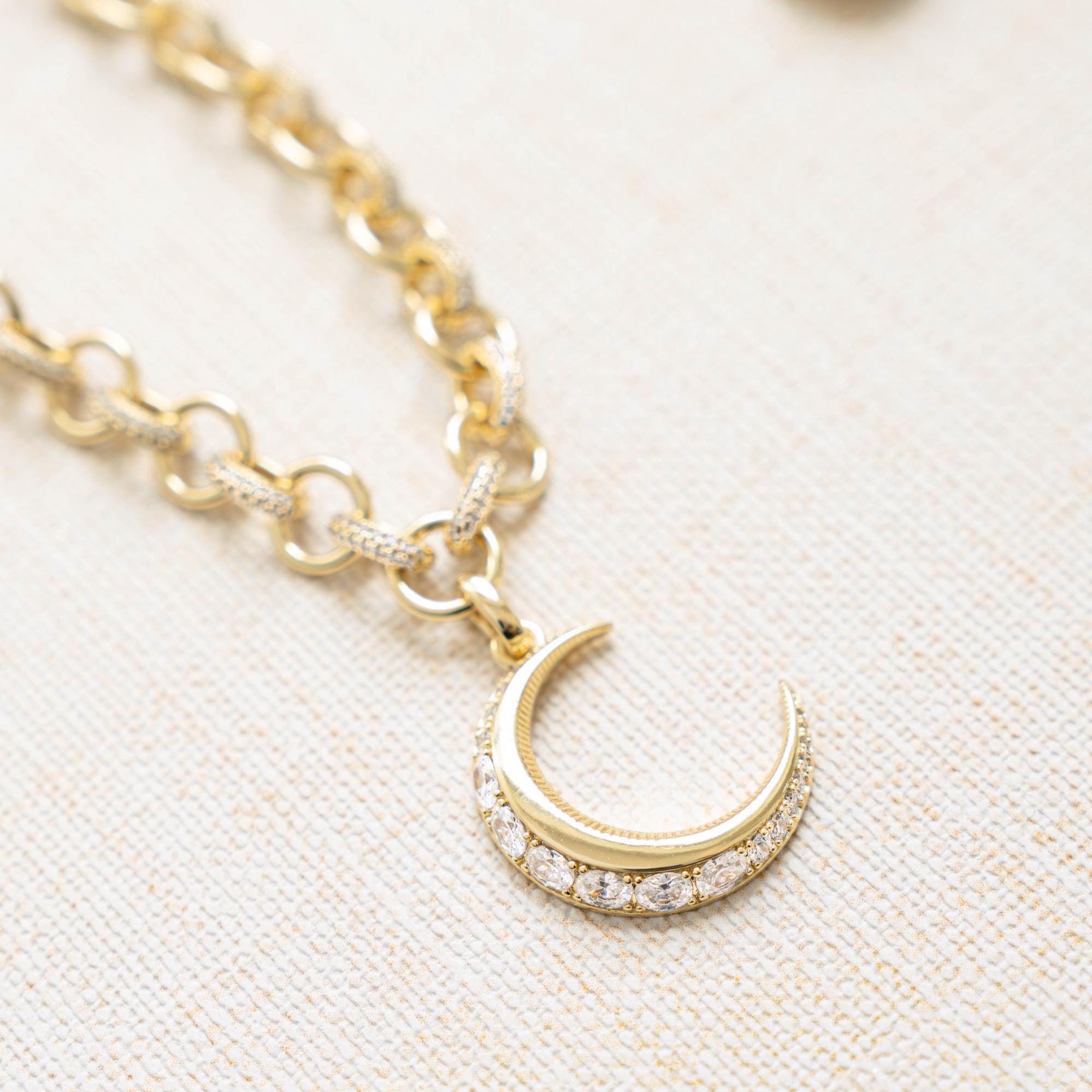 Crescent Moon Necklace, Moon Pendant Necklace, Gold Chain Necklace, Celestial Jewelry, Charm Necklace, Statement Necklace, Gift for Her