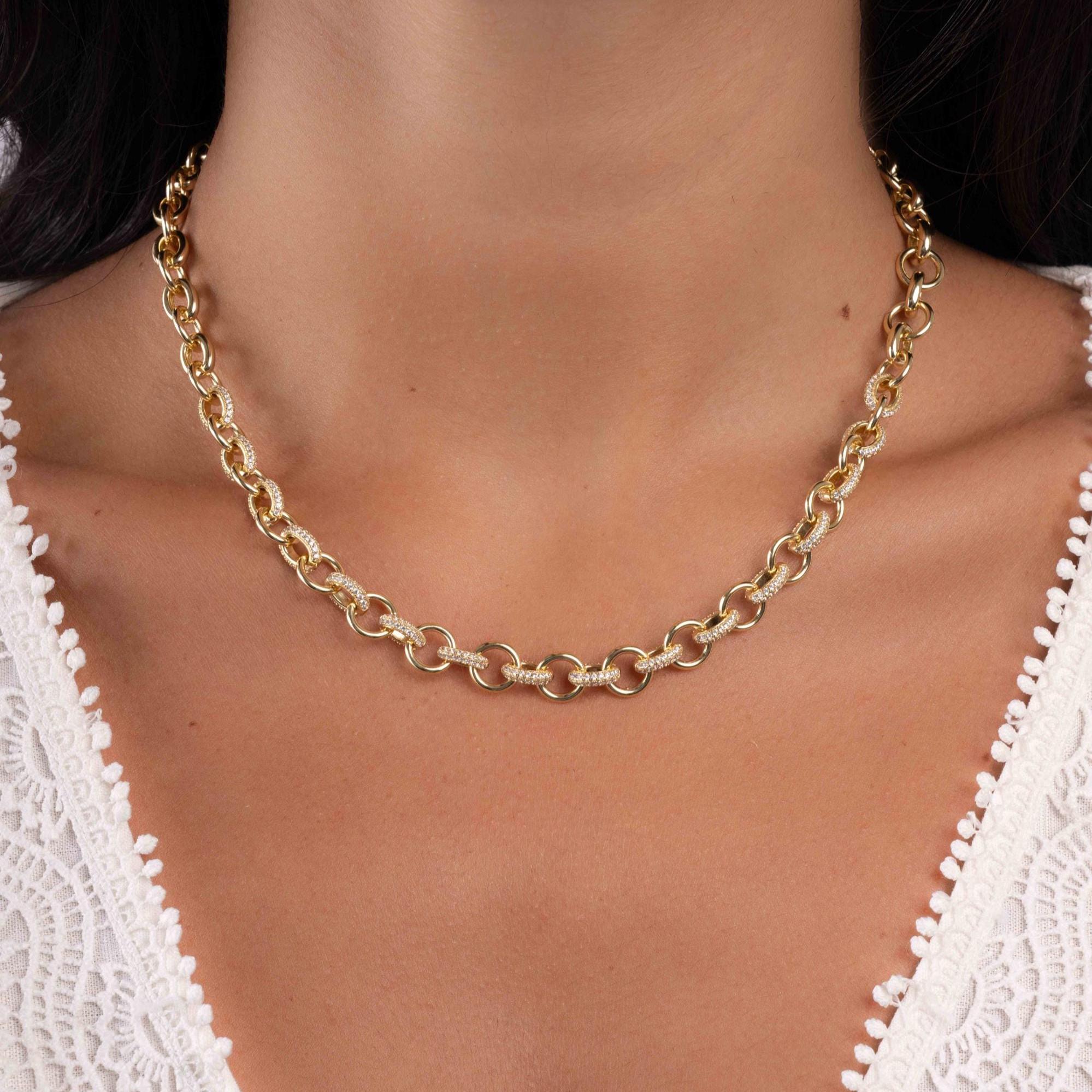 Pavé Chain Necklace, Statement Necklace, Diamond Necklace, Vintage Necklace, Chunky Necklace, Gift for Her, Gold Necklace, Layering Necklace