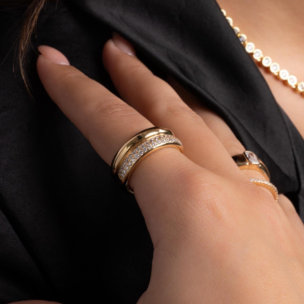 Double Band Ring, Chunky Ring, Cubic Zirconia Ring, Statement Jewelry, Diamond Band, Sterling Silver Ring, Thick Gold Ring, Gift For Her
