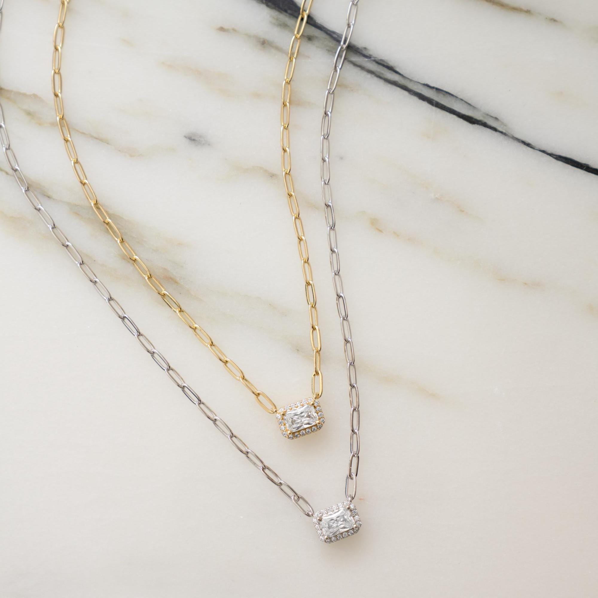 Dainty Halo Baguette Necklace, Paperclip Chain Necklace, Pendant Necklace, Minimalist Necklace, Dainty Necklace, Gift for Her, Layering