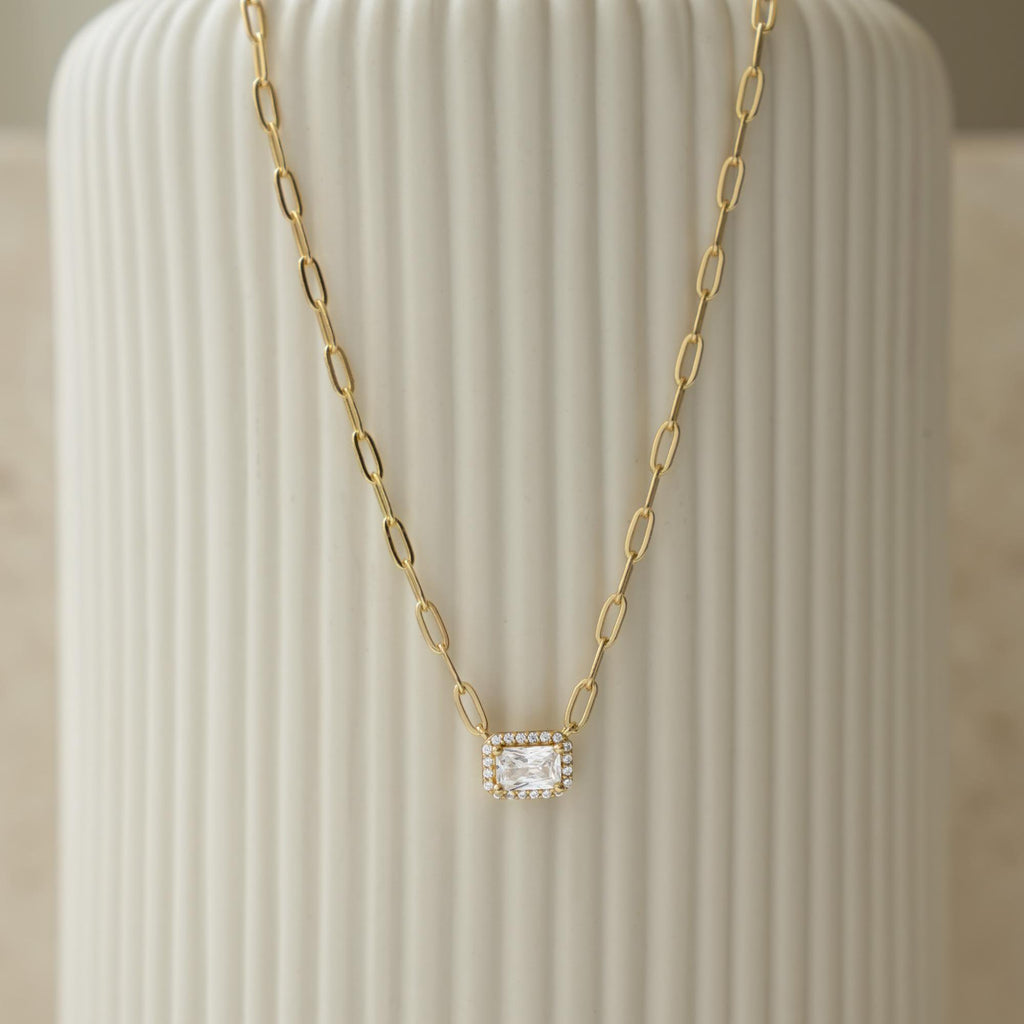 Dainty Halo Baguette Necklace, Paperclip Chain Necklace, Pendant Necklace, Minimalist Necklace, Dainty Necklace, Gift for Her, Layering
