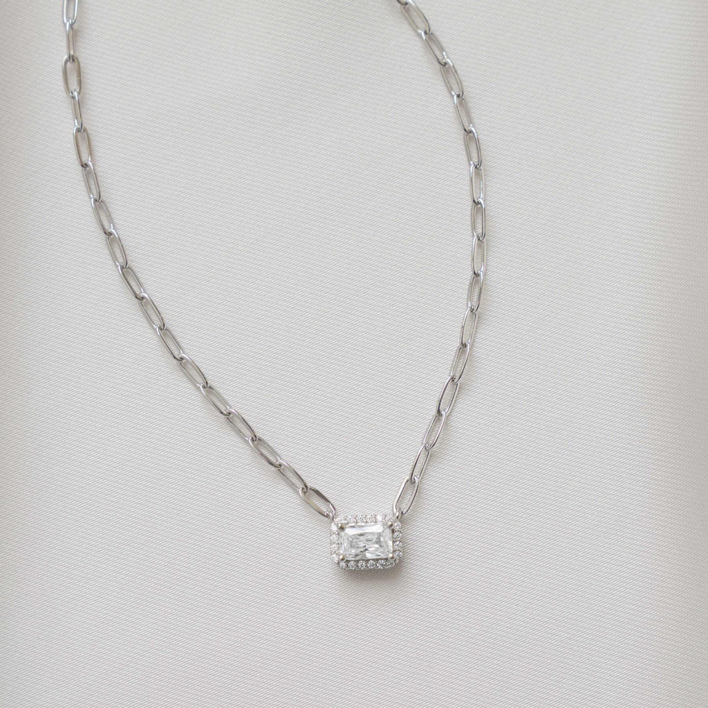 Dainty Halo Baguette Necklace, Paperclip Chain Necklace, Pendant Necklace, Minimalist Necklace, Dainty Necklace, Gift for Her, Layering