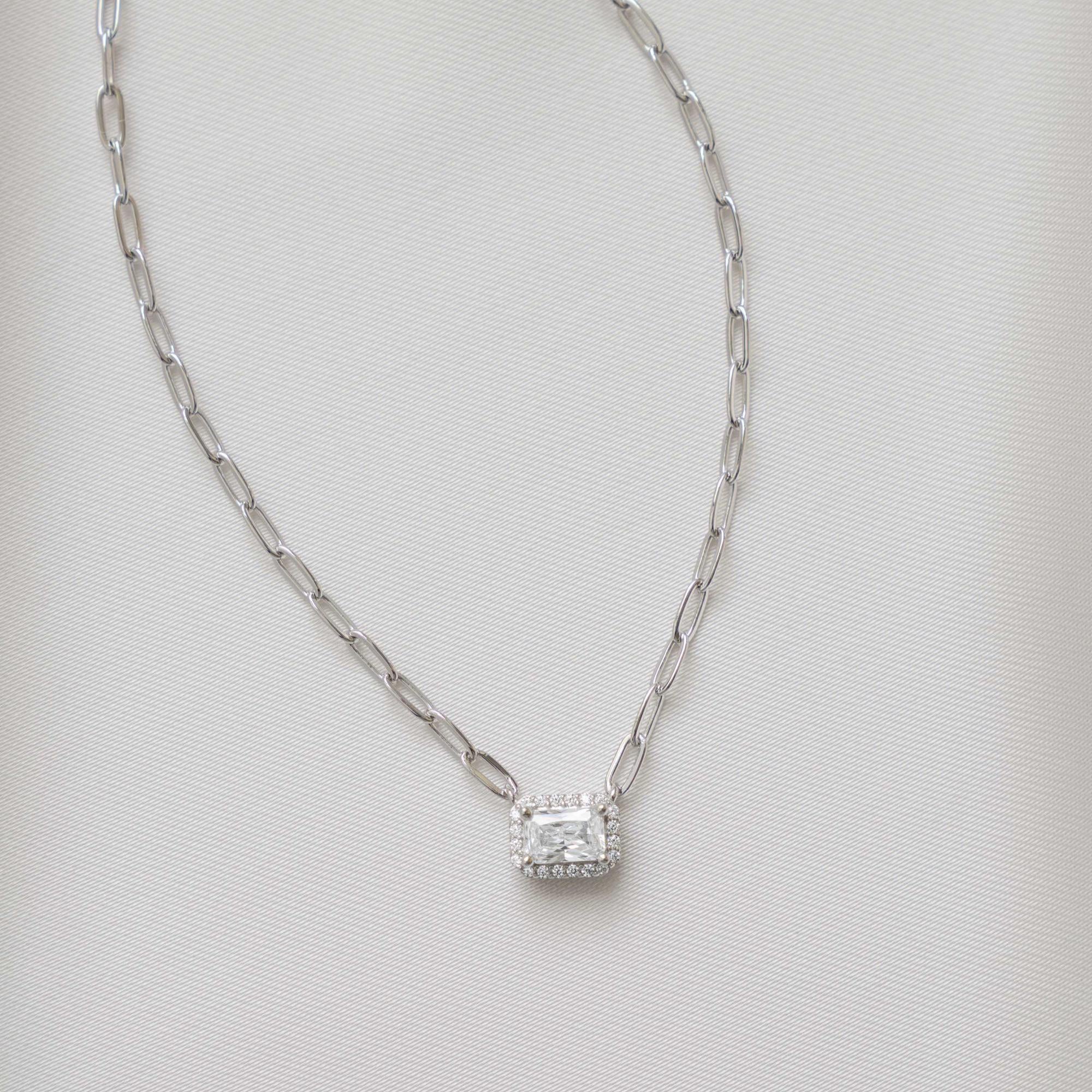 Dainty Halo Baguette Necklace, Paperclip Chain Necklace, Pendant Necklace, Minimalist Necklace, Dainty Necklace, Gift for Her, Layering