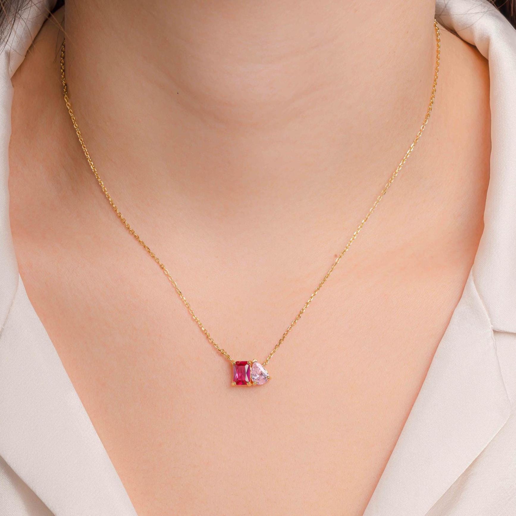 Birthstone Toi et Moi Necklace, Birthstone Necklace, Custom Necklace, Birthstone Jewelry, Personalized Jewelry Gift for Her Anniversary Gift