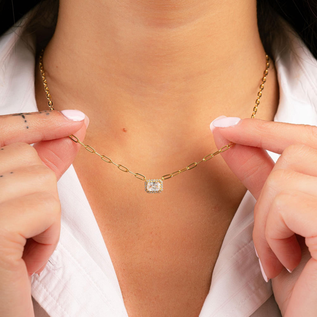 Dainty Halo Baguette Necklace, Paperclip Chain Necklace, Pendant Necklace, Minimalist Necklace, Dainty Necklace, Gift for Her, Layering