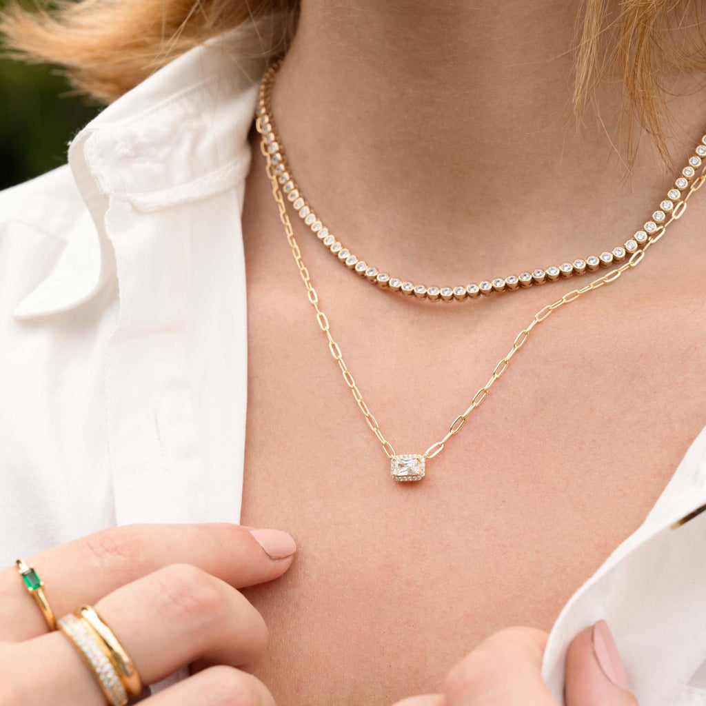 Dainty Halo Baguette Necklace, Paperclip Chain Necklace, Pendant Necklace, Minimalist Necklace, Dainty Necklace, Gift for Her, Layering