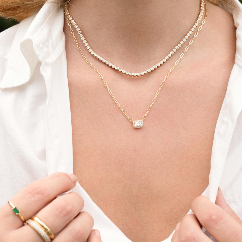 Dainty Halo Baguette Necklace, Paperclip Chain Necklace, Pendant Necklace, Minimalist Necklace, Dainty Necklace, Gift for Her, Layering