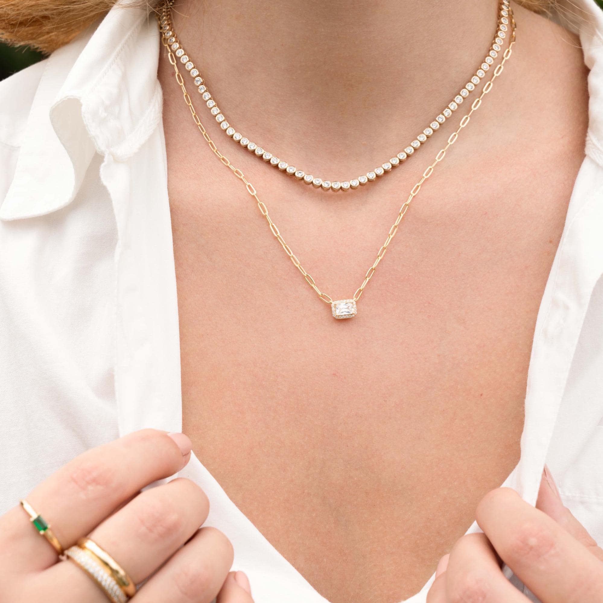 Dainty Halo Baguette Necklace, Paperclip Chain Necklace, Pendant Necklace, Minimalist Necklace, Dainty Necklace, Gift for Her, Layering