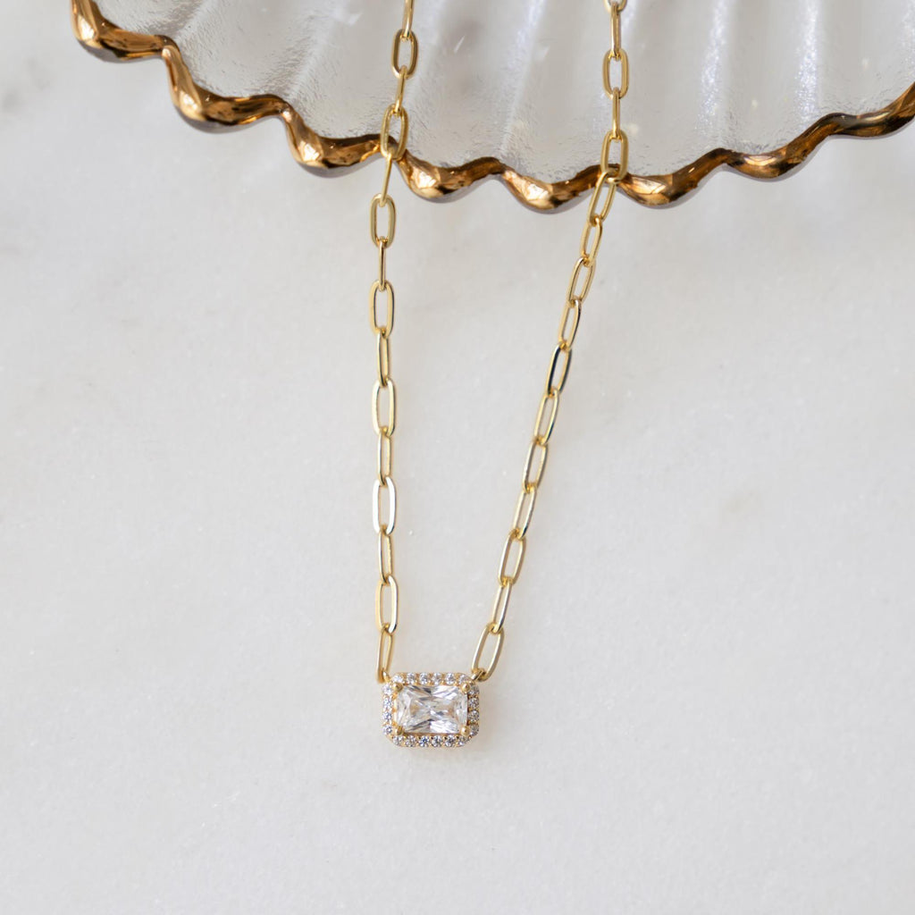 Dainty Halo Baguette Necklace, Paperclip Chain Necklace, Pendant Necklace, Minimalist Necklace, Dainty Necklace, Gift for Her, Layering