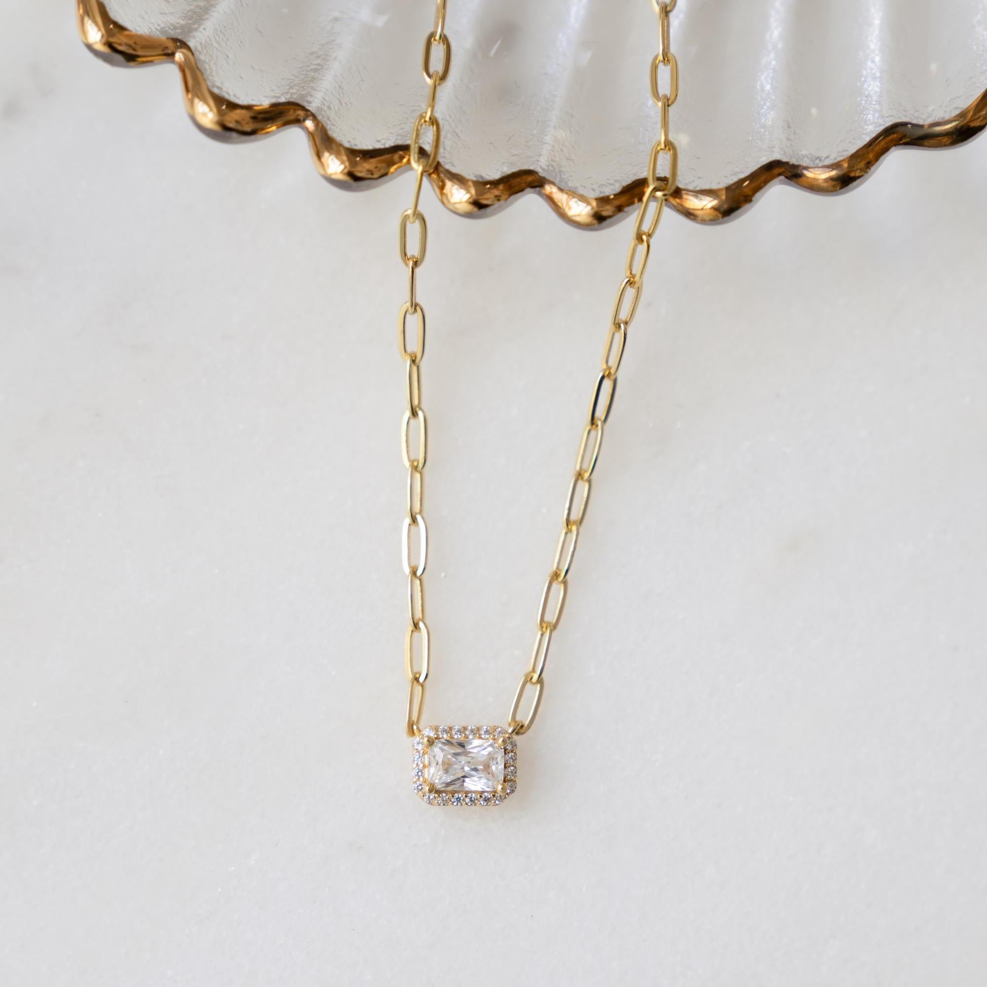 Dainty Halo Baguette Necklace, Paperclip Chain Necklace, Pendant Necklace, Minimalist Necklace, Dainty Necklace, Gift for Her, Layering
