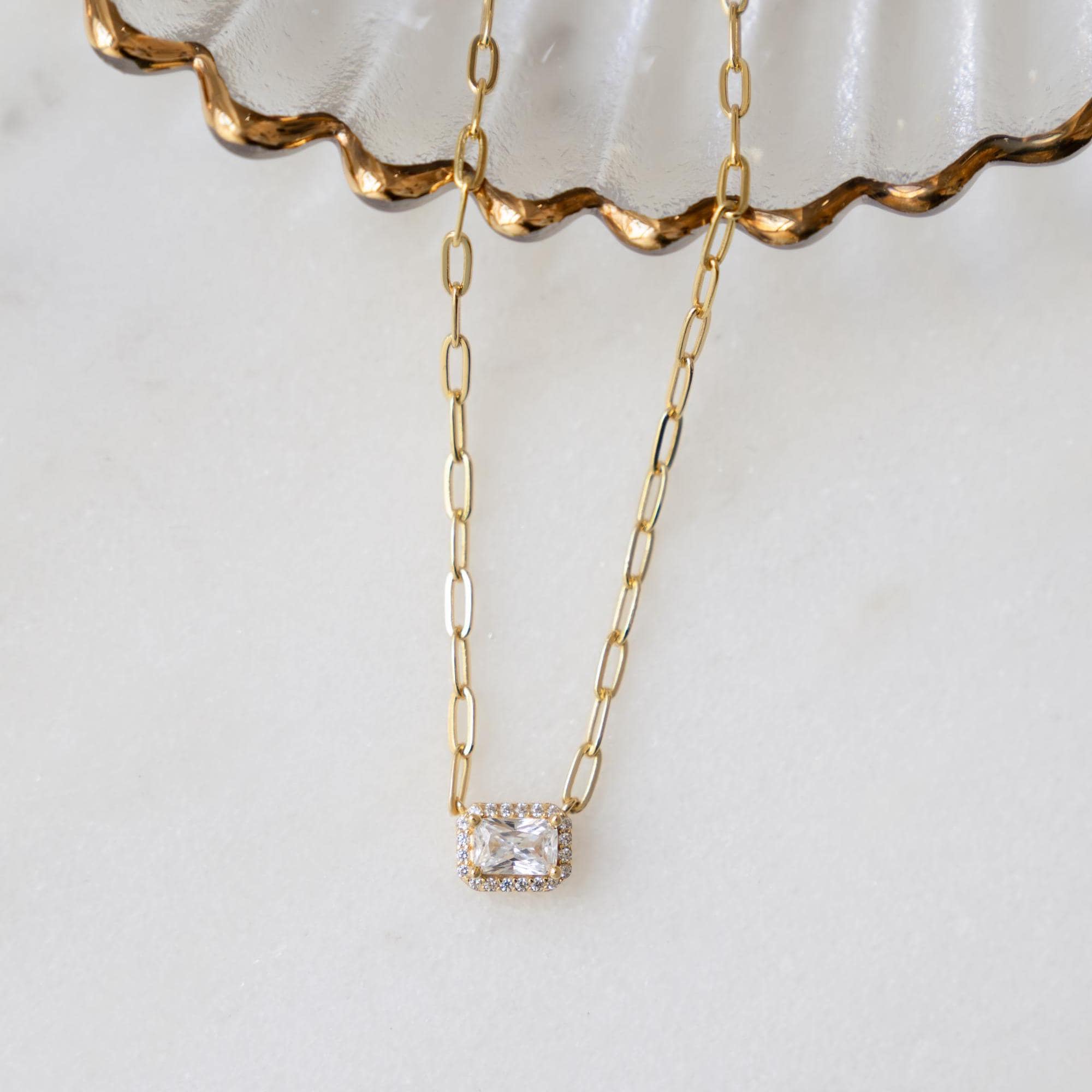 Dainty Halo Baguette Necklace, Paperclip Chain Necklace, Pendant Necklace, Minimalist Necklace, Dainty Necklace, Gift for Her, Layering