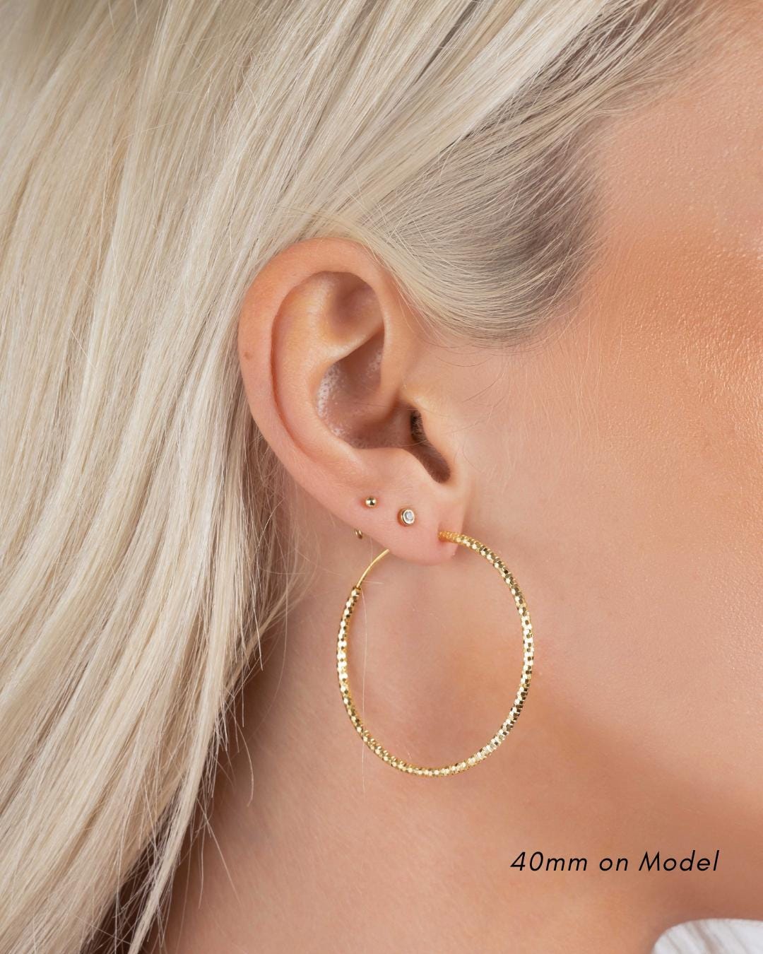 Diamond Cut Hoop Earrings by Sami Jewels, Available in 32mm, 40mm and 53mm Diameter Hoops, Lightweight Hoop Earrings made of Sterling Silver