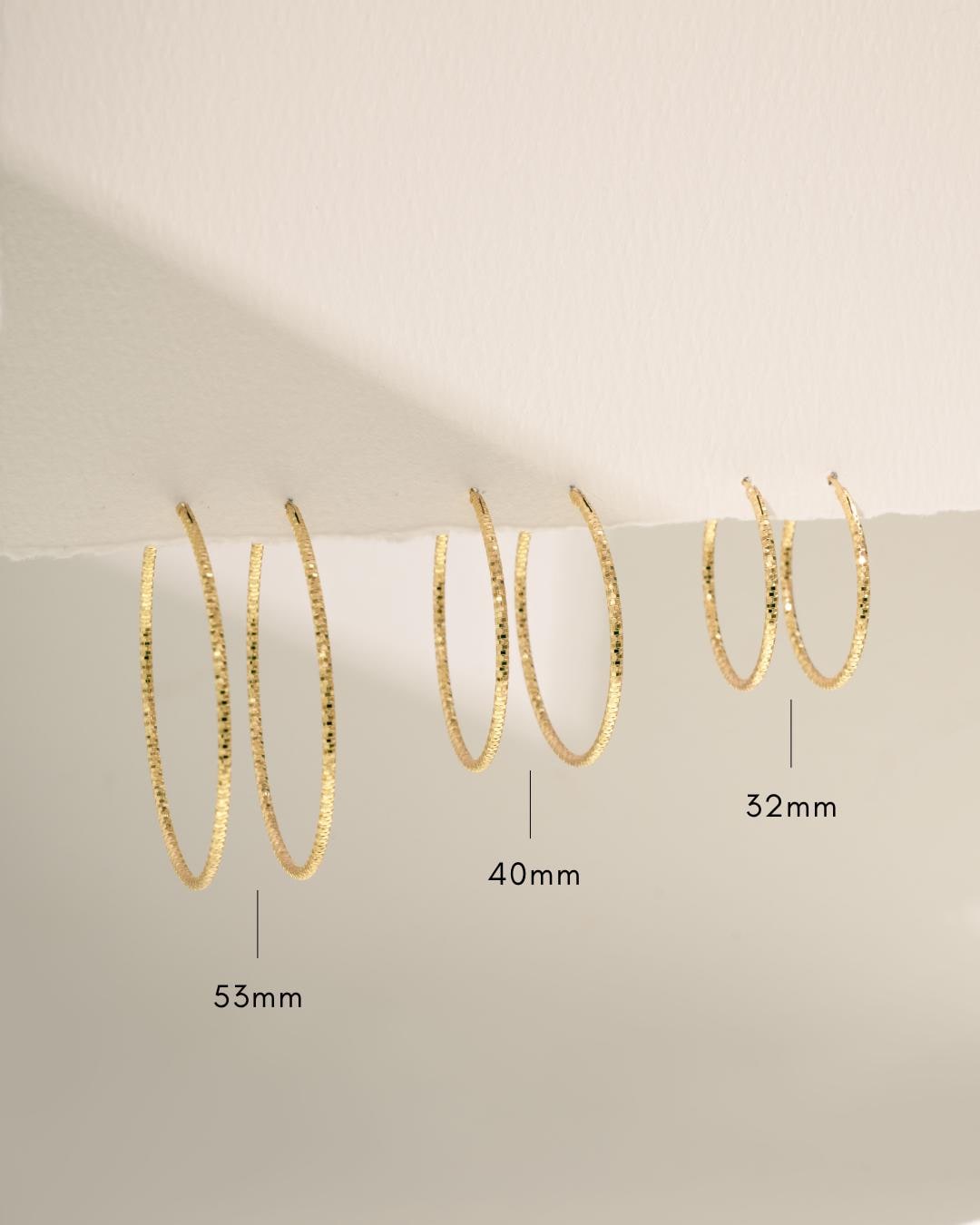 Diamond Cut Hoop Earrings by Sami Jewels, Available in 32mm, 40mm and 53mm Diameter Hoops, Lightweight Hoop Earrings made of Sterling Silver