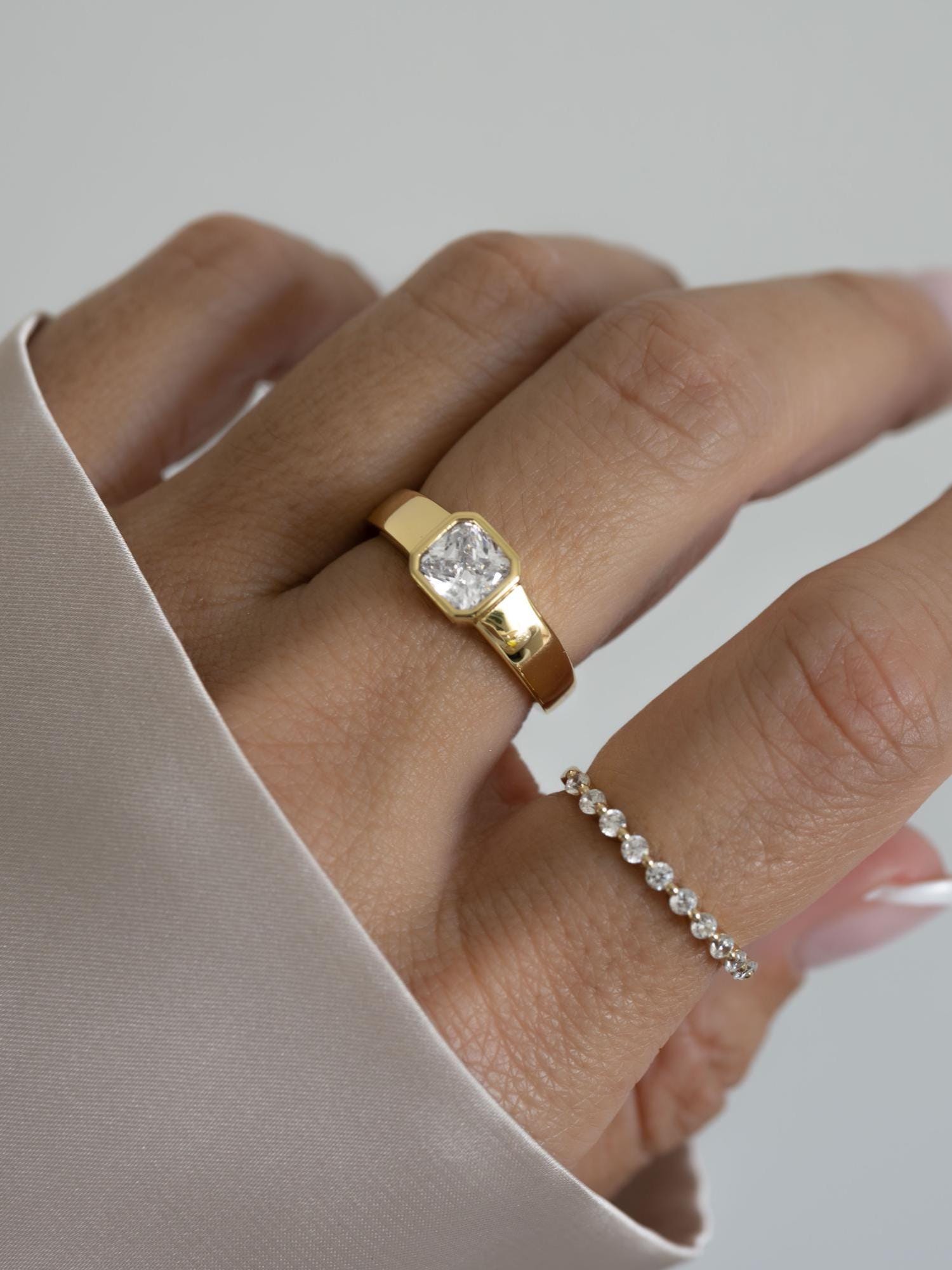 Bezel Set Dome Ring by Sami Jewels, Square Ring, Diamond Ring, Stackable Rings, Radiant Cut Diamond, Chunky Rings, Statement Ring