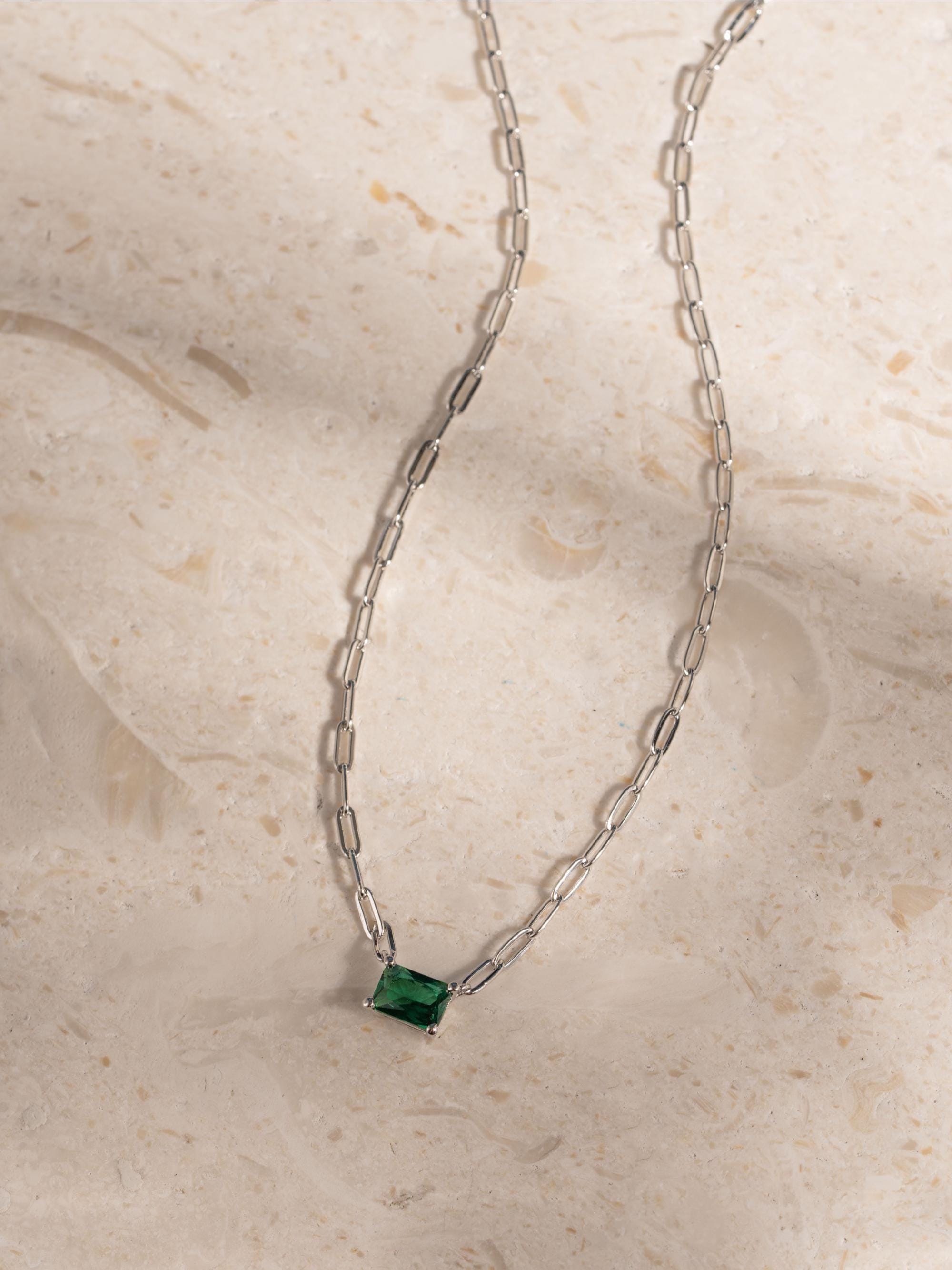 Emerald Baguette Necklace, Green Pendant Necklace, Baguette Necklace, Gemstone Necklace, Paperclip Chain Necklace, Birthstone Necklace