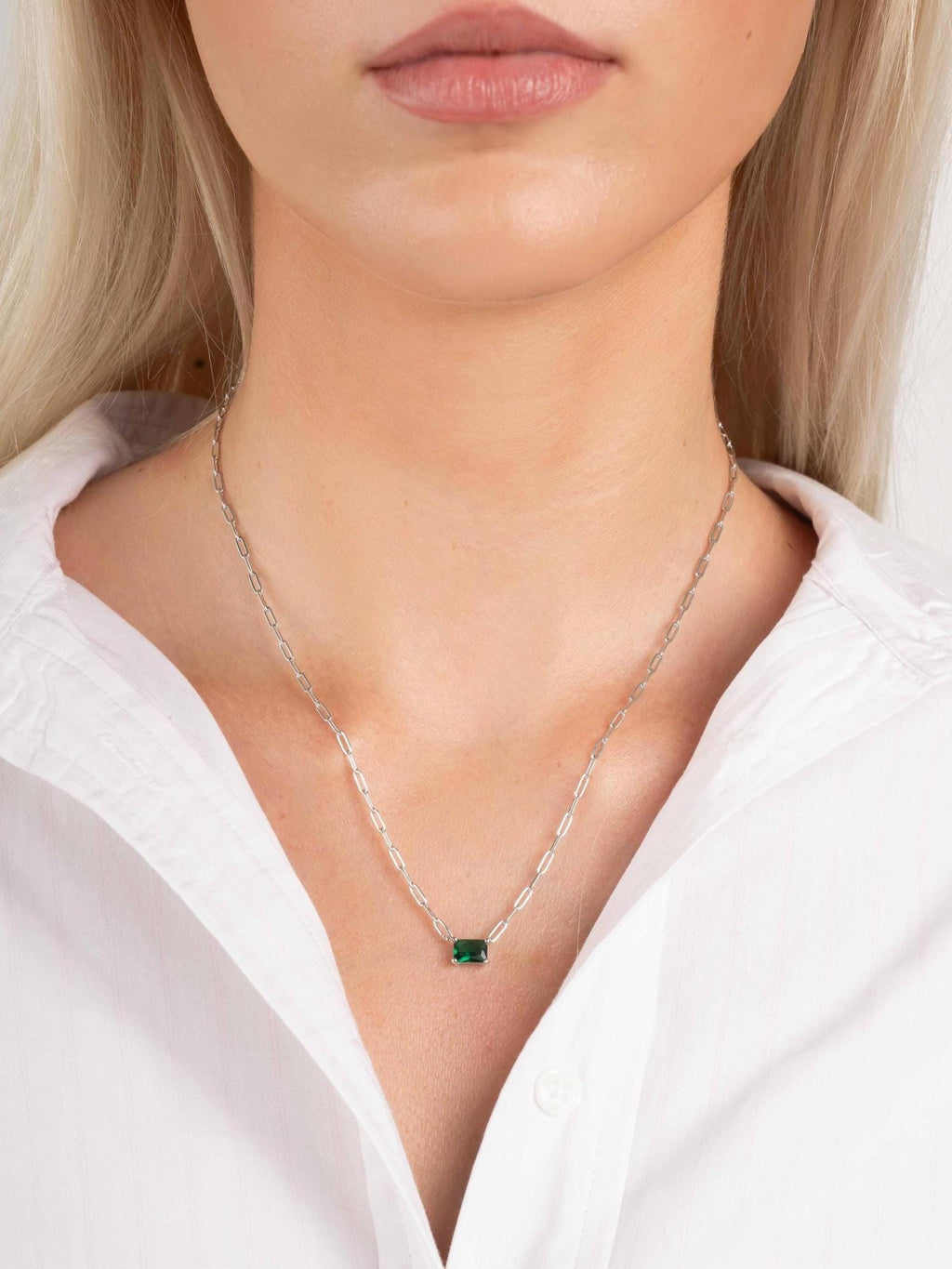 Emerald Baguette Necklace, Green Pendant Necklace, Baguette Necklace, Gemstone Necklace, Paperclip Chain Necklace, Birthstone Necklace