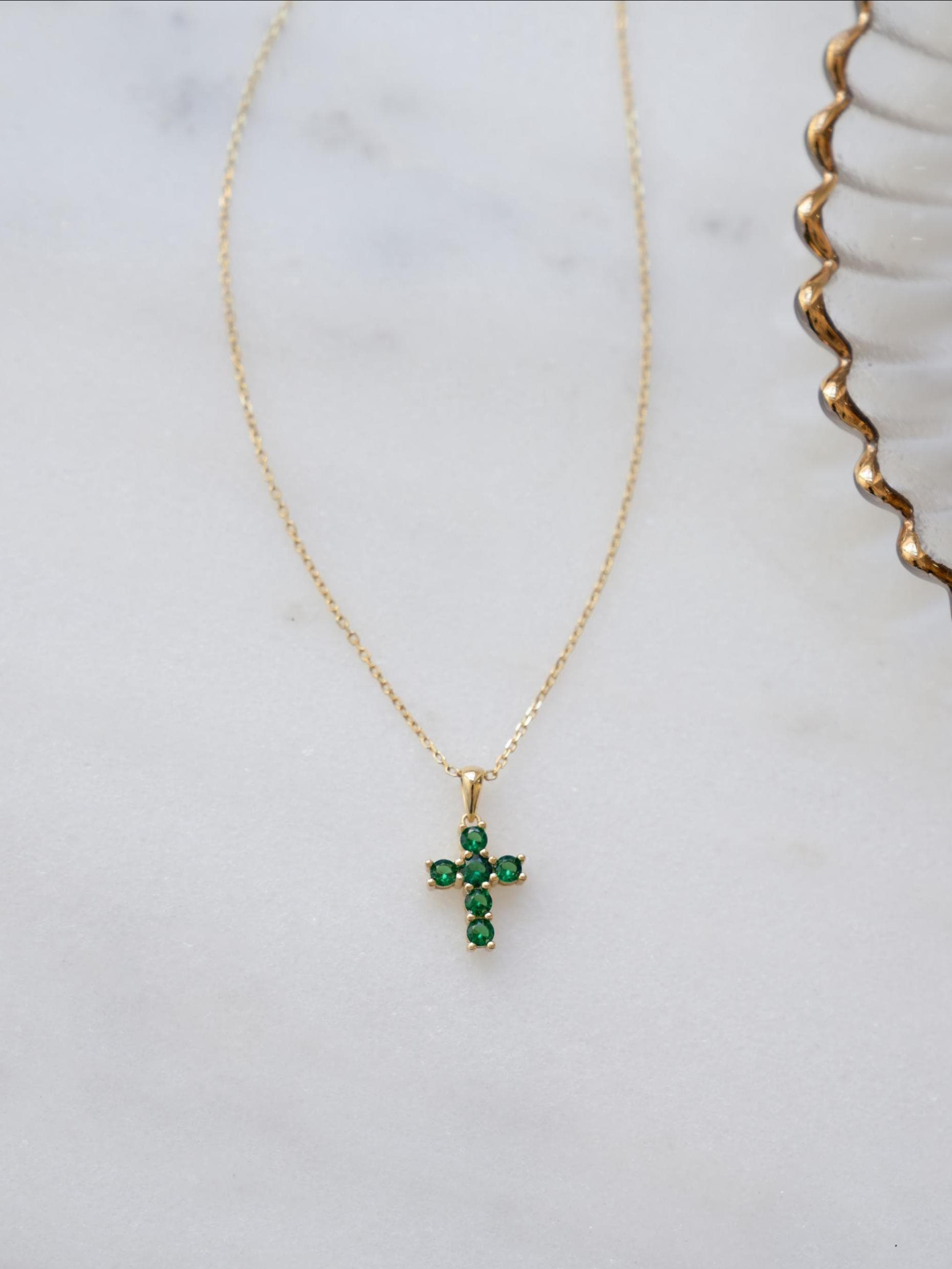 Emerald Cross Necklace by Sami Jewels, Green Cross Pendant Necklace, Religious Jewelry, Dainty Necklace, Gemstone Necklace, Gift for Her