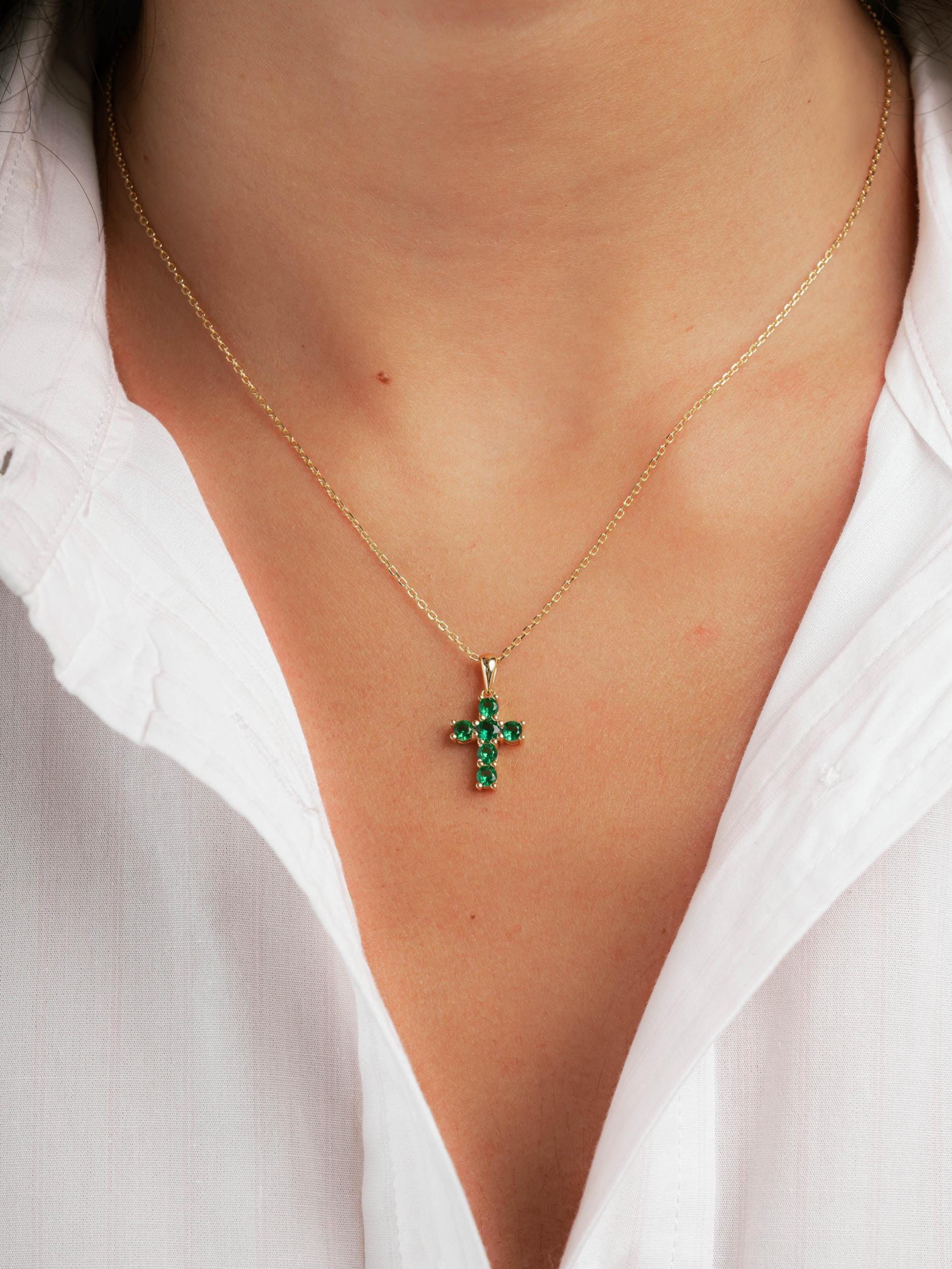 Emerald Cross Necklace by Sami Jewels, Green Cross Pendant Necklace, Religious Jewelry, Dainty Necklace, Gemstone Necklace, Gift for Her