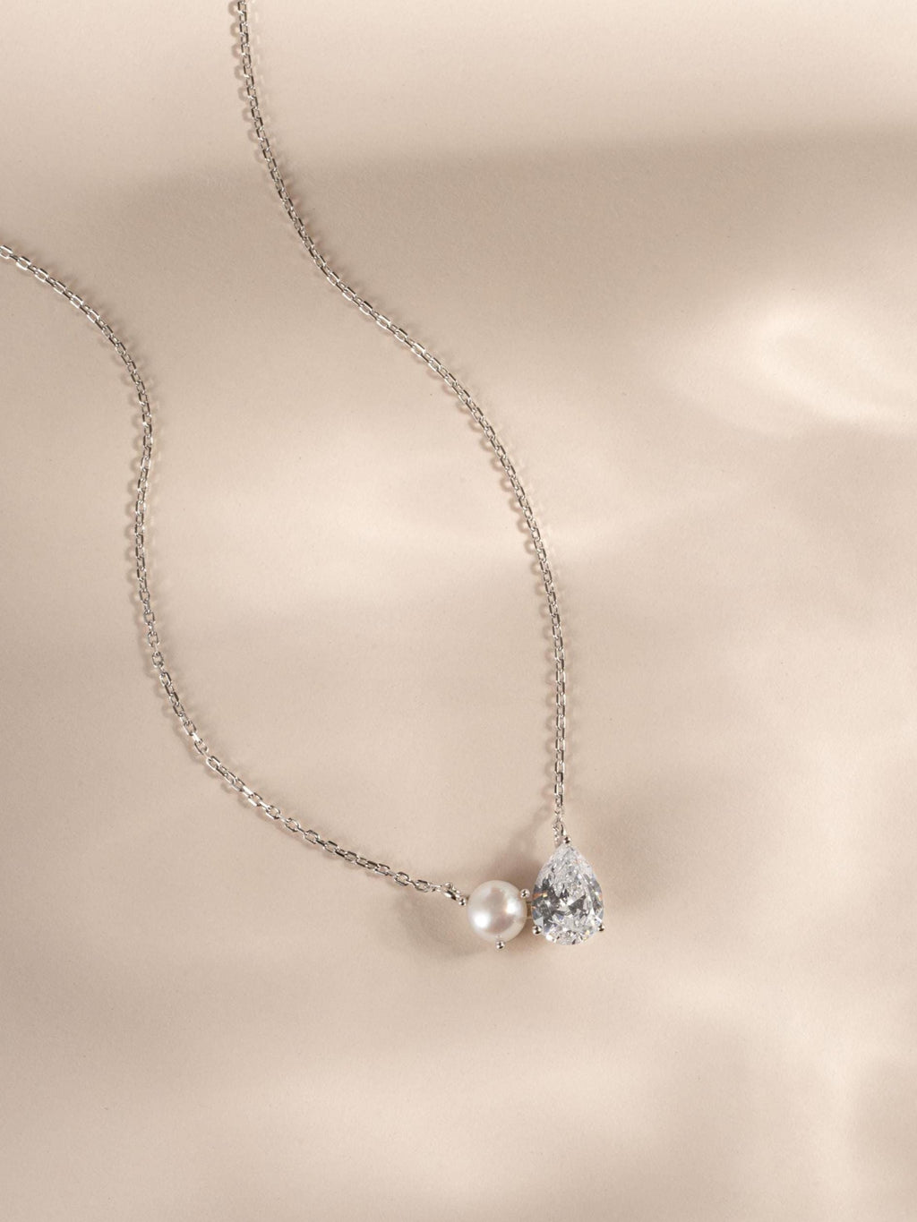 Toi et Moi Necklace, Pearl and Diamond Necklace, Tear Drop Charm Necklace, Pearl Pendant Necklace, Bridal Necklace, Bridesmaid Jewelry