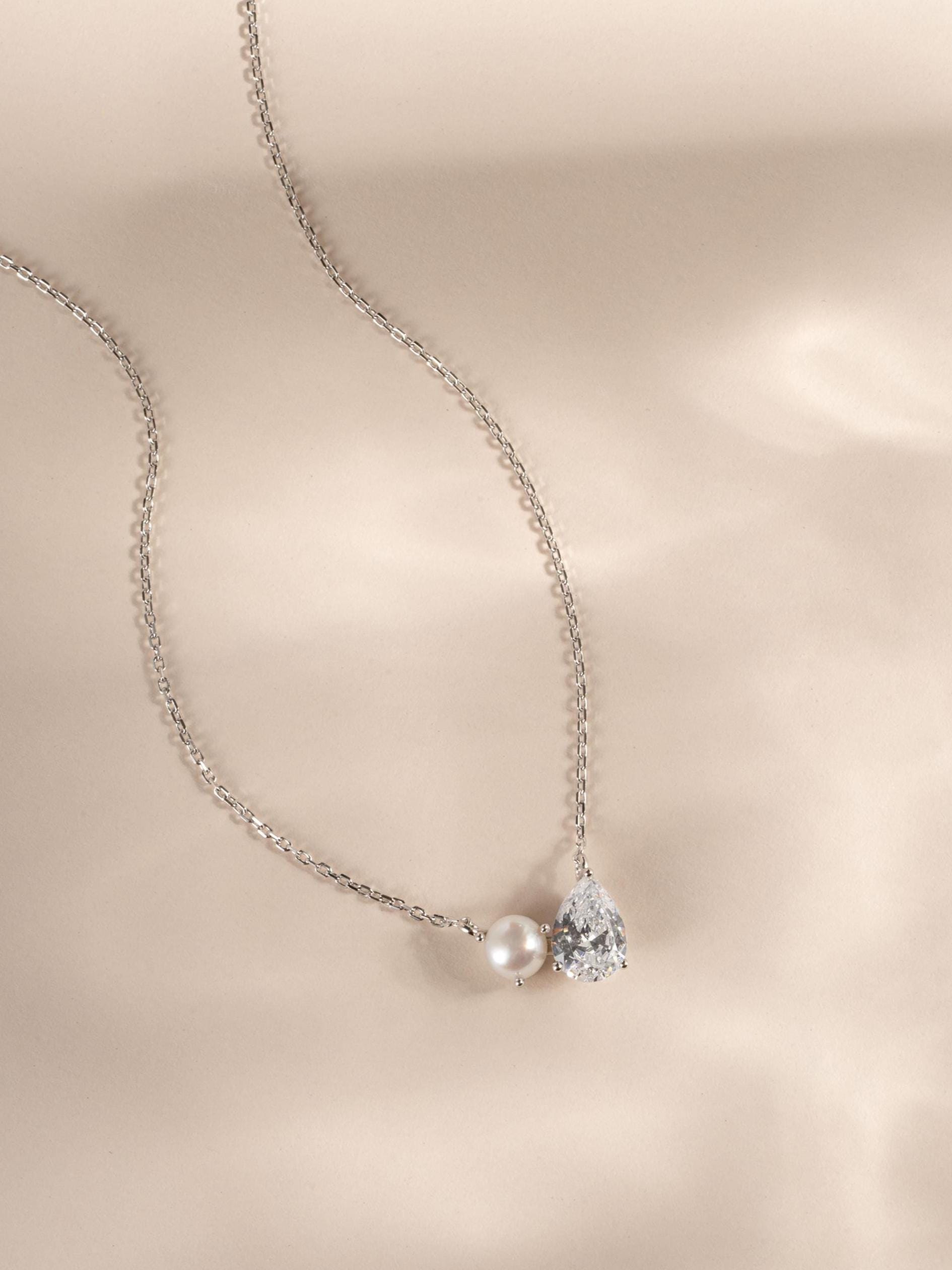Toi et Moi Necklace, Pearl and Diamond Necklace, Tear Drop Charm Necklace, Pearl Pendant Necklace, Bridal Necklace, Bridesmaid Jewelry