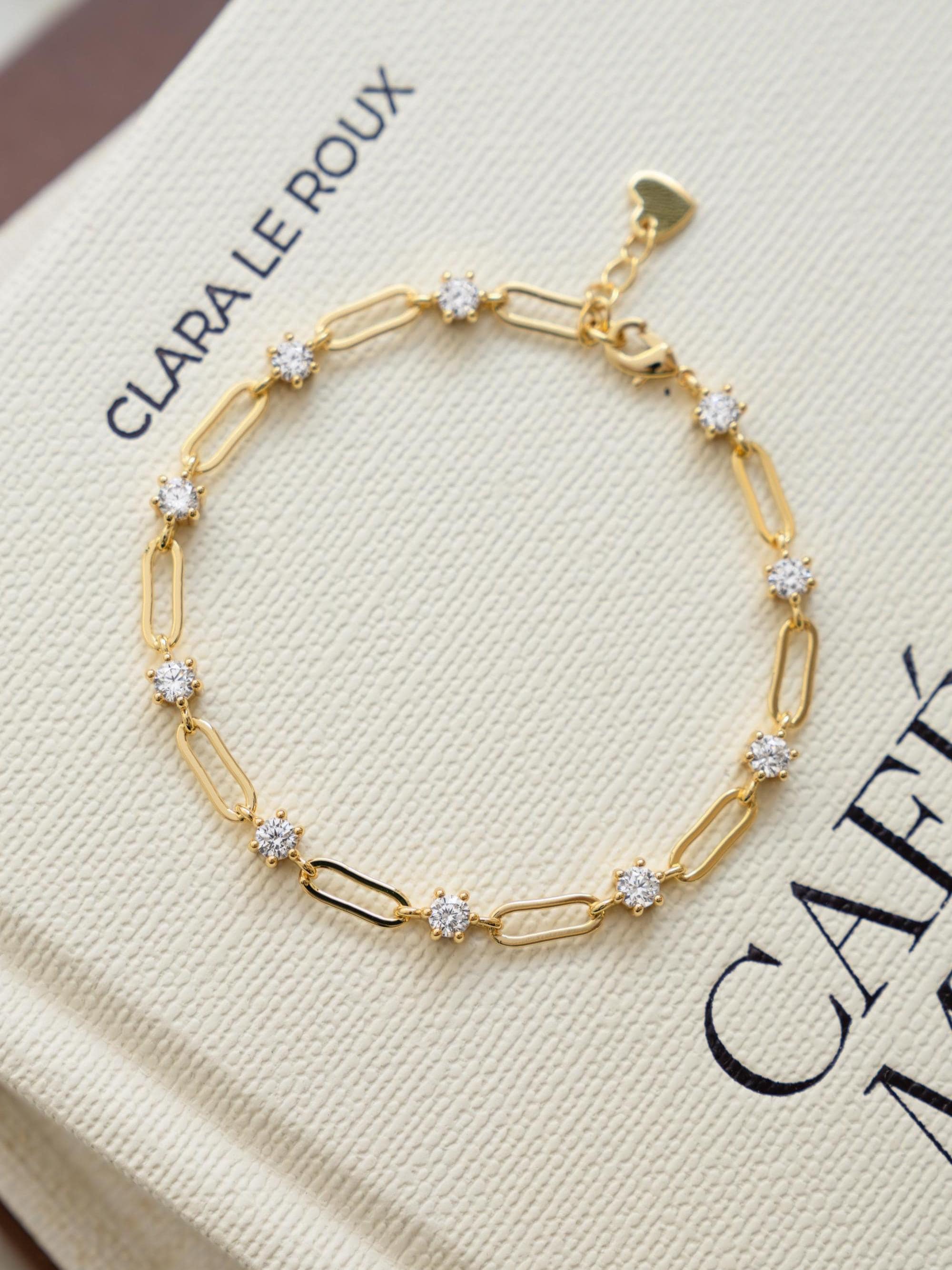 Paperclip Chain and Diamond Link Bracelet, Dainty Bracelet, Chain Bracelet, Minimalist Stackable Gold Bracelet, Gold Bracelet for Women
