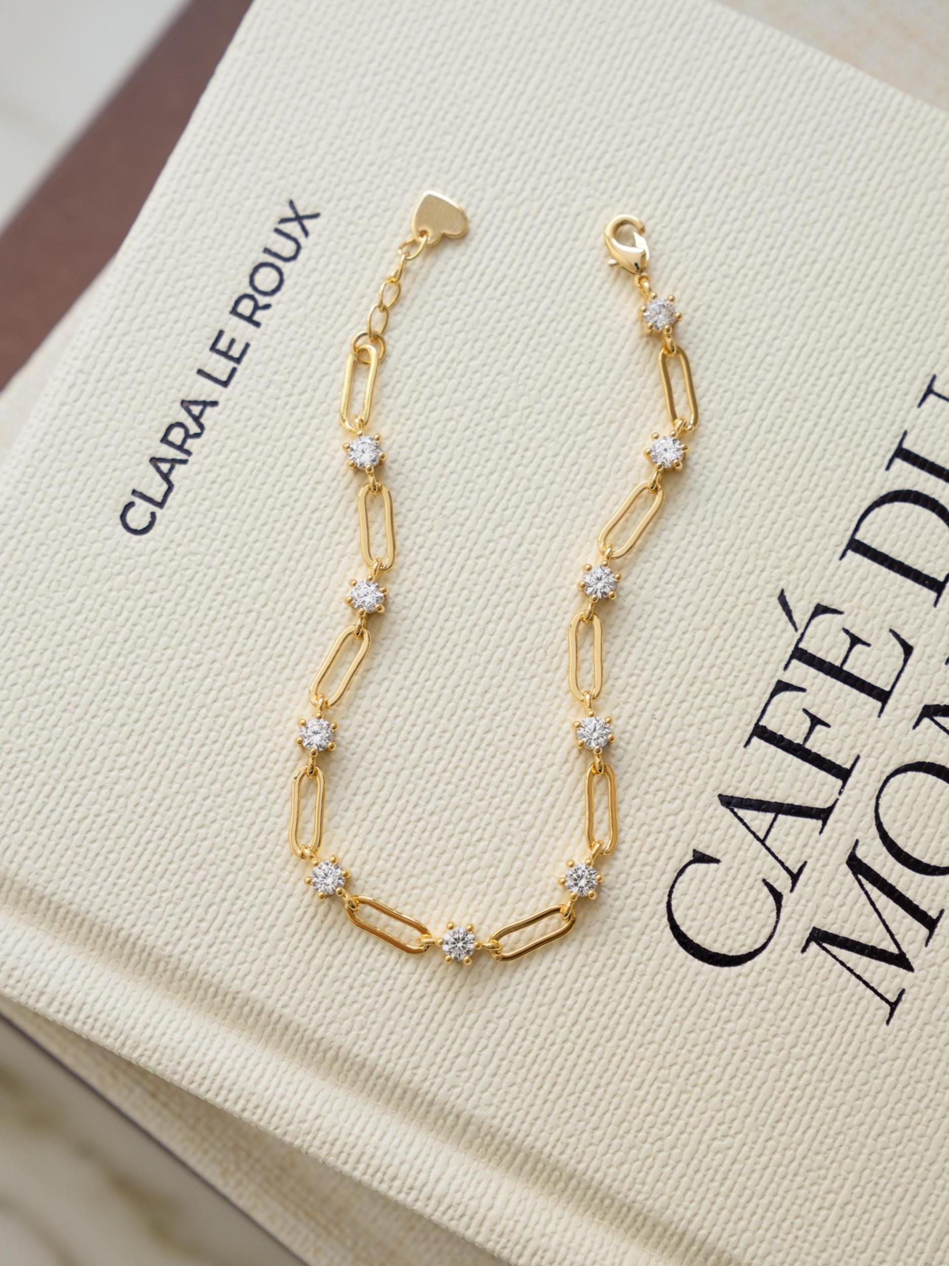 Paperclip Chain and Diamond Link Bracelet, Dainty Bracelet, Chain Bracelet, Minimalist Stackable Gold Bracelet, Gold Bracelet for Women