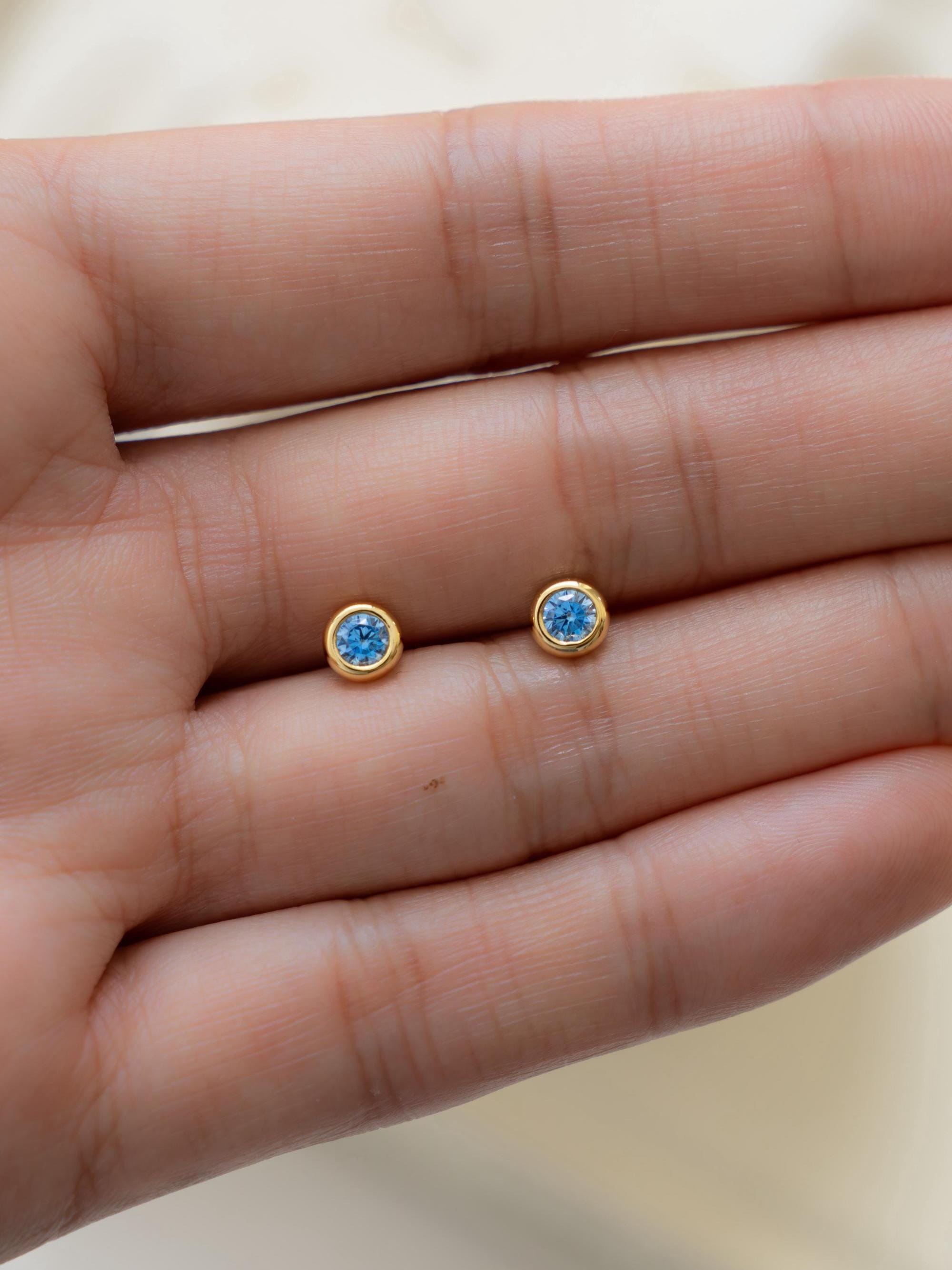 Aquamarine Diamond Bezel Stud Earrings, Aquamarine Earrings, Blue Earrings, Stud Earrings, Small Earrings, Dainty Studs, Bridal Jewelry