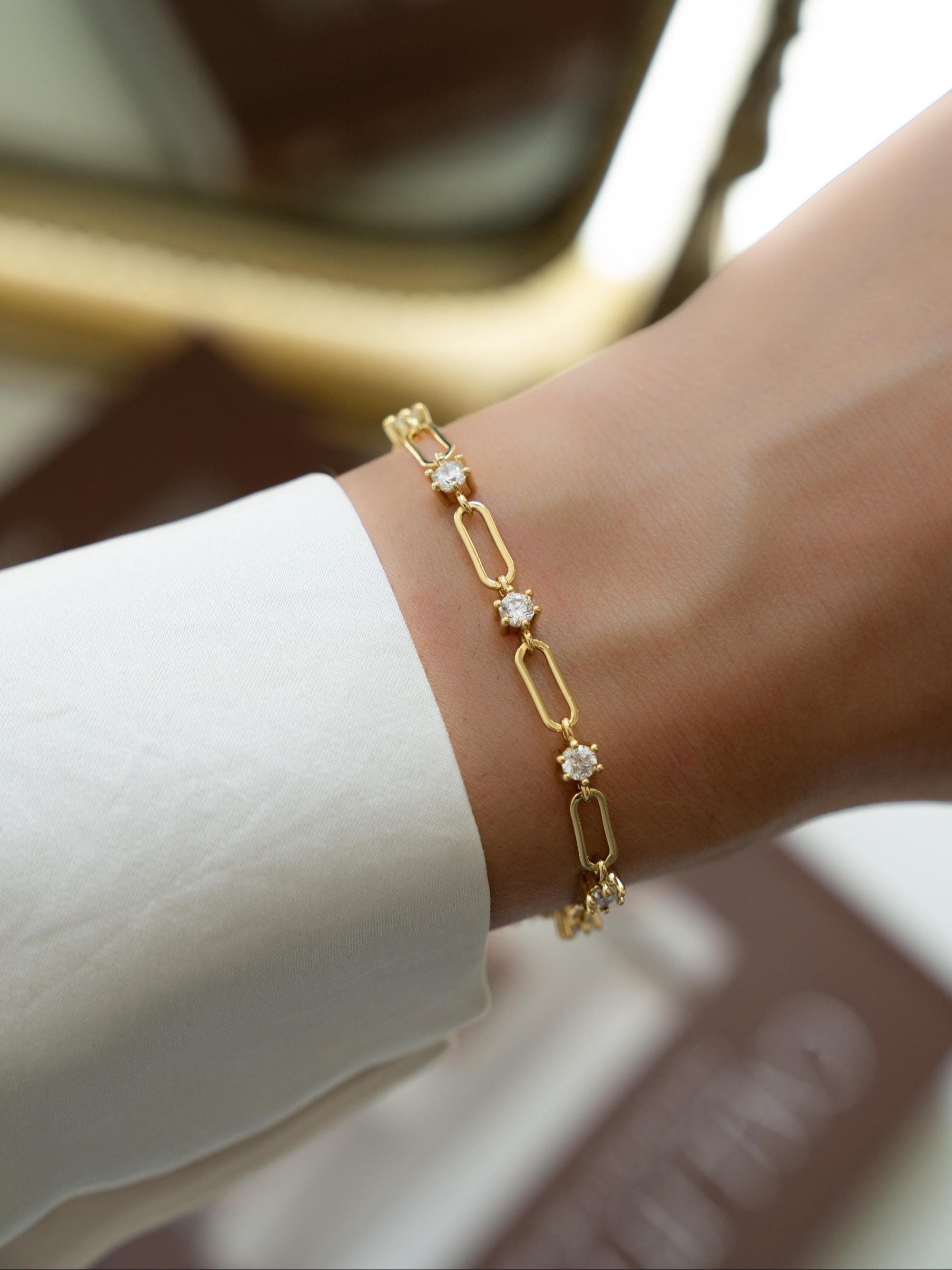 Paperclip Chain and Diamond Link Bracelet, Dainty Bracelet, Chain Bracelet, Minimalist Stackable Gold Bracelet, Gold Bracelet for Women