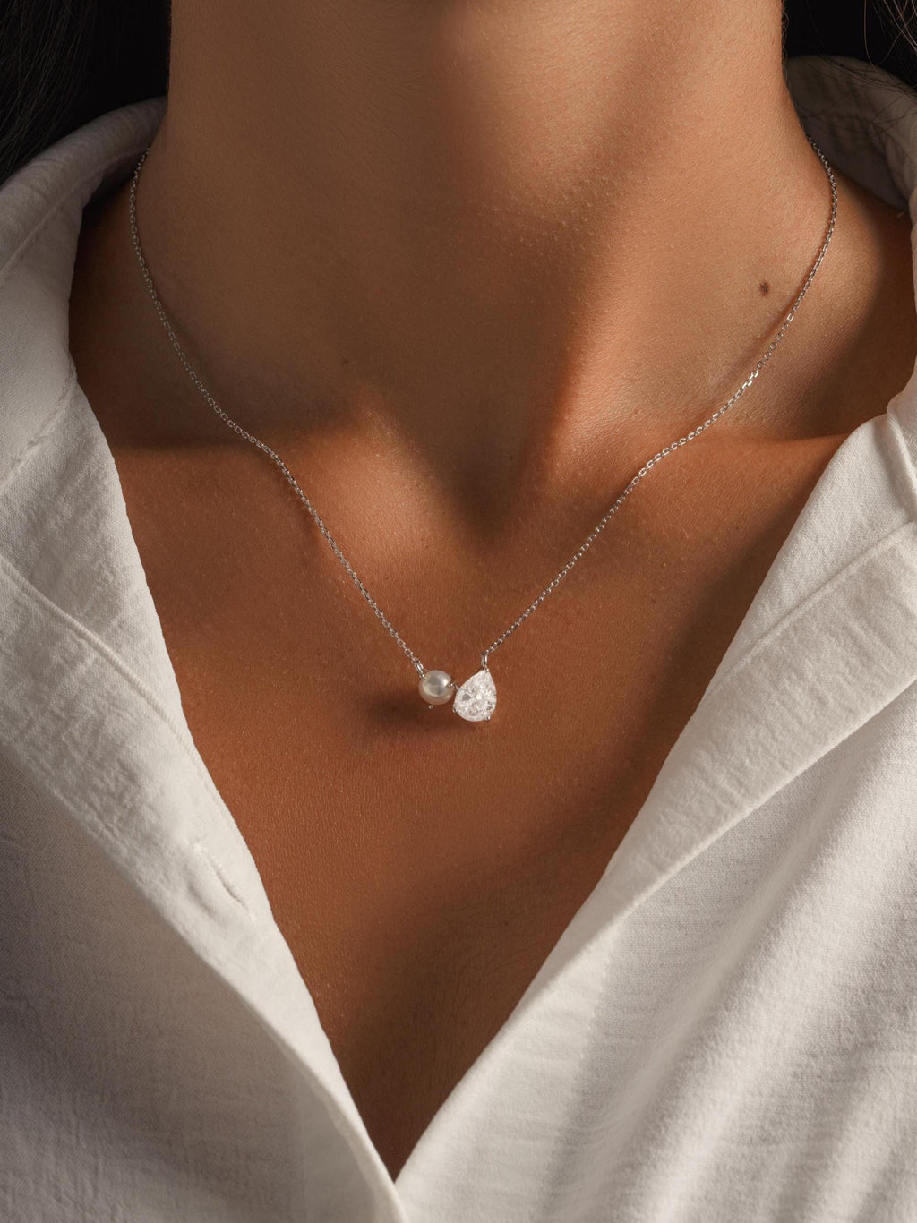 Toi et Moi Necklace, Pearl and Diamond Necklace, Tear Drop Charm Necklace, Pearl Pendant Necklace, Bridal Necklace, Bridesmaid Jewelry