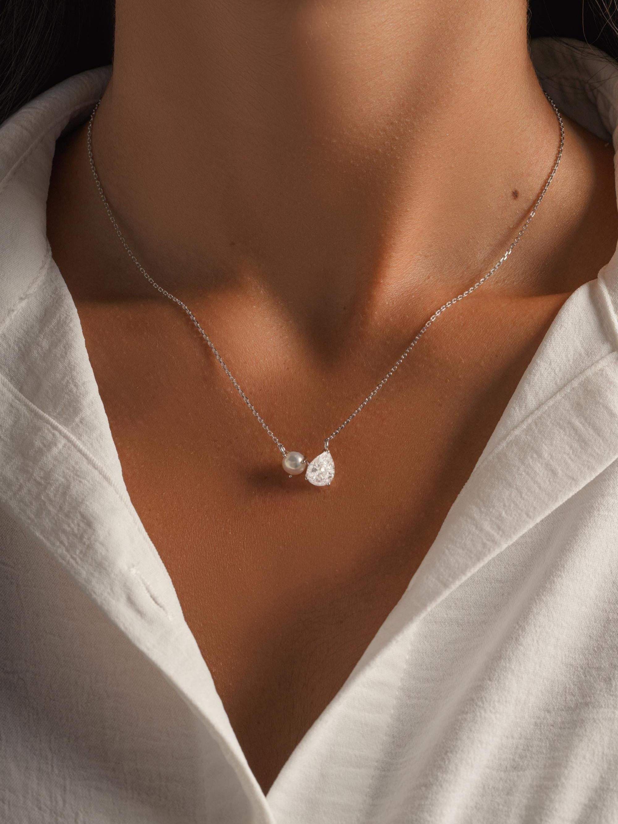 Toi et Moi Necklace, Pearl and Diamond Necklace, Tear Drop Charm Necklace, Pearl Pendant Necklace, Bridal Necklace, Bridesmaid Jewelry