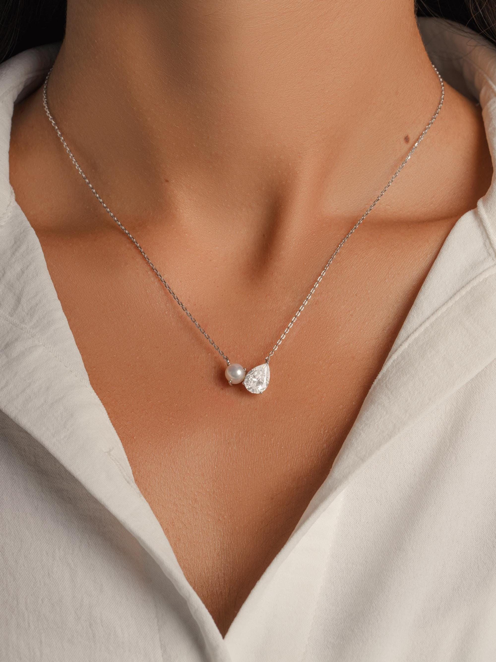 Toi et Moi Necklace, Pearl and Diamond Necklace, Tear Drop Charm Necklace, Pearl Pendant Necklace, Bridal Necklace, Bridesmaid Jewelry