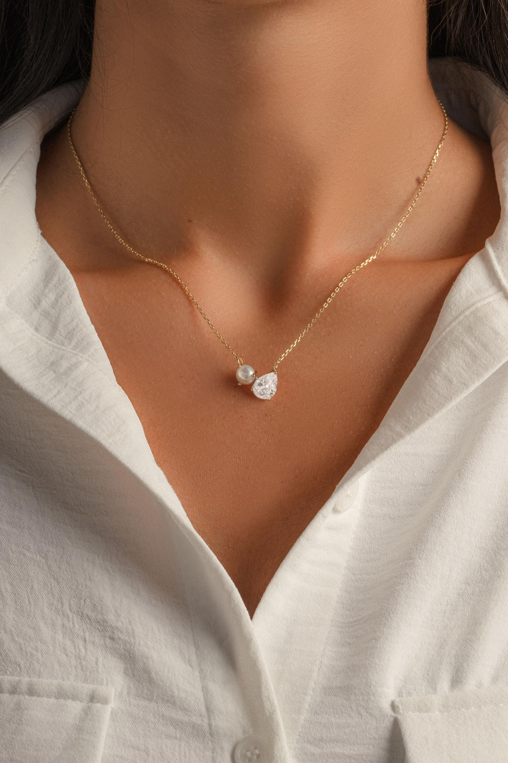Toi et Moi Necklace, Pearl and Diamond Necklace, Tear Drop Charm Necklace, Pearl Pendant Necklace, Bridal Necklace, Bridesmaid Jewelry