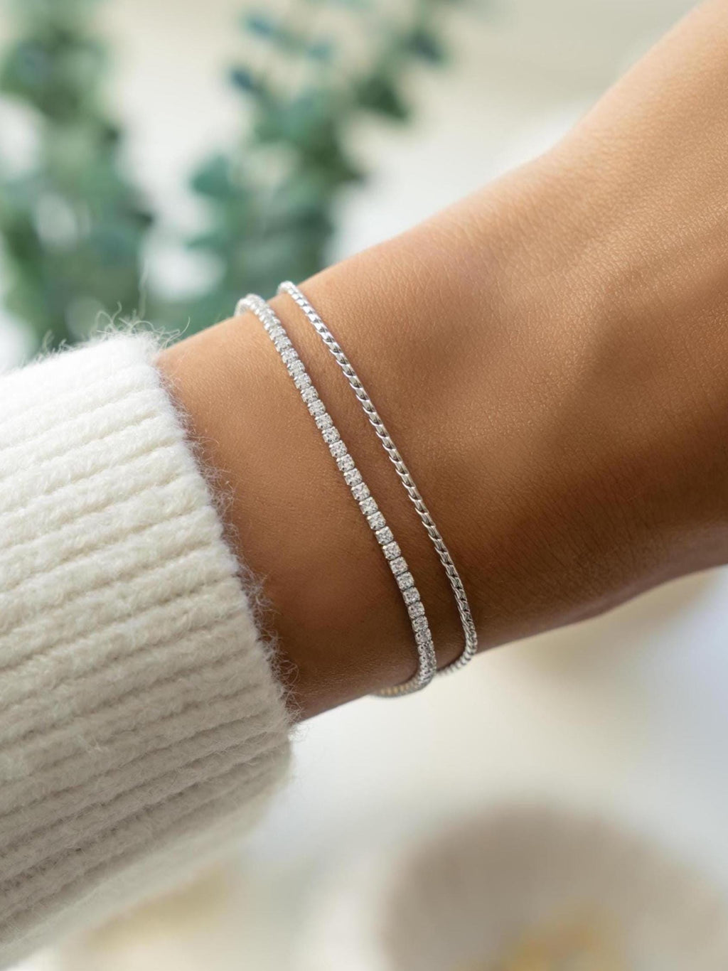 Two Bracelet Set, Dainty Diamond Tennis Bracelet and Thin Chain Bracelet Set by Sami Jewels, Adjustable Bracelet for Women