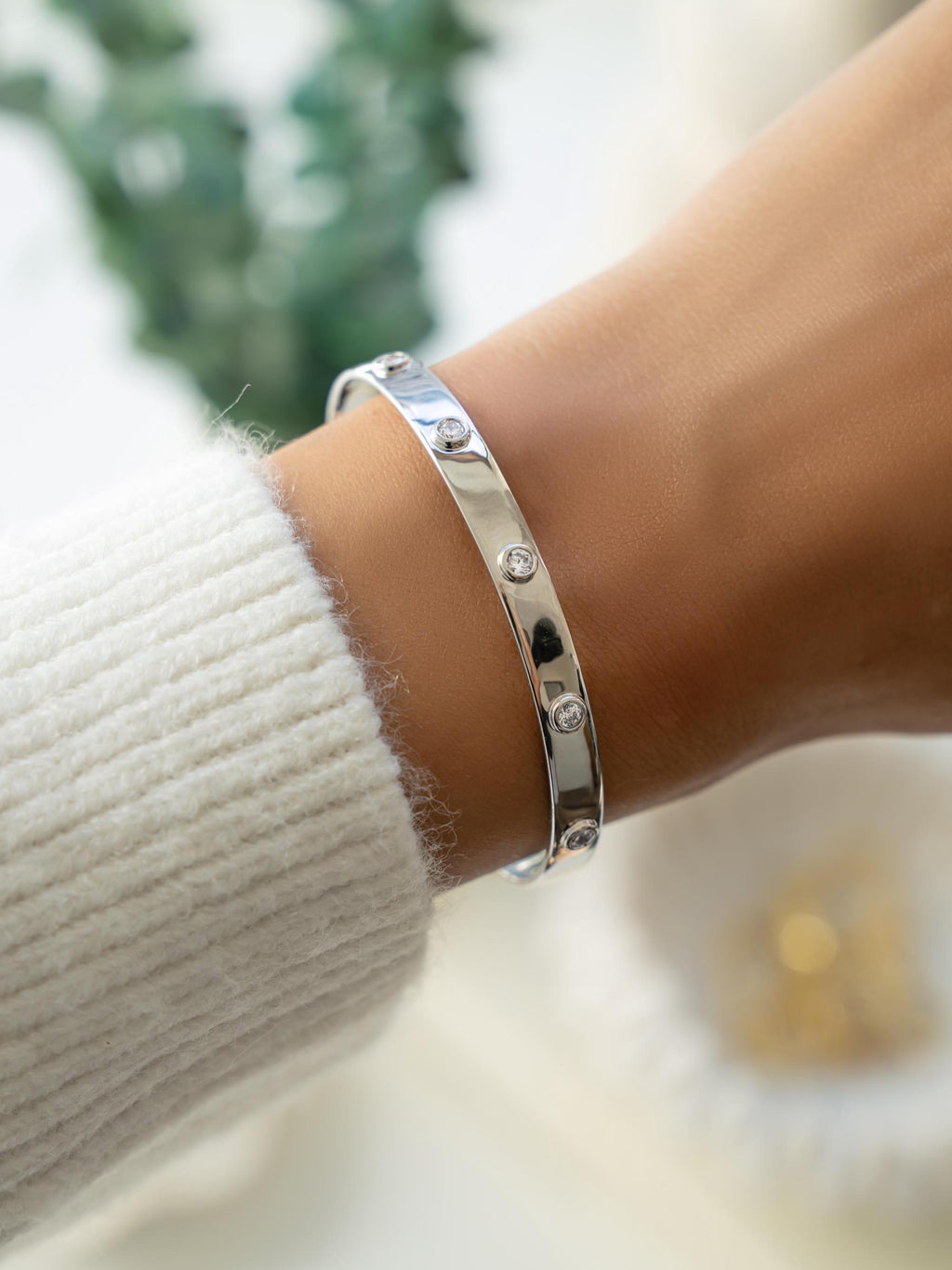 Diamond Bezel Cuff Bracelet by Sami Jewels, Adjustable Design available in Gold or Silver
