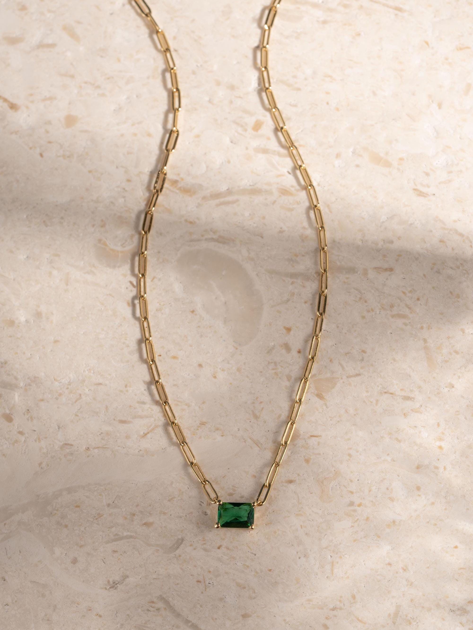 Emerald Baguette Necklace, Green Pendant Necklace, Baguette Necklace, Gemstone Necklace, Paperclip Chain Necklace, Birthstone Necklace