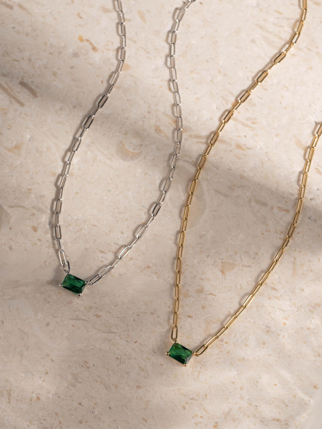 Emerald Baguette Necklace, Green Pendant Necklace, Baguette Necklace, Gemstone Necklace, Paperclip Chain Necklace, Birthstone Necklace