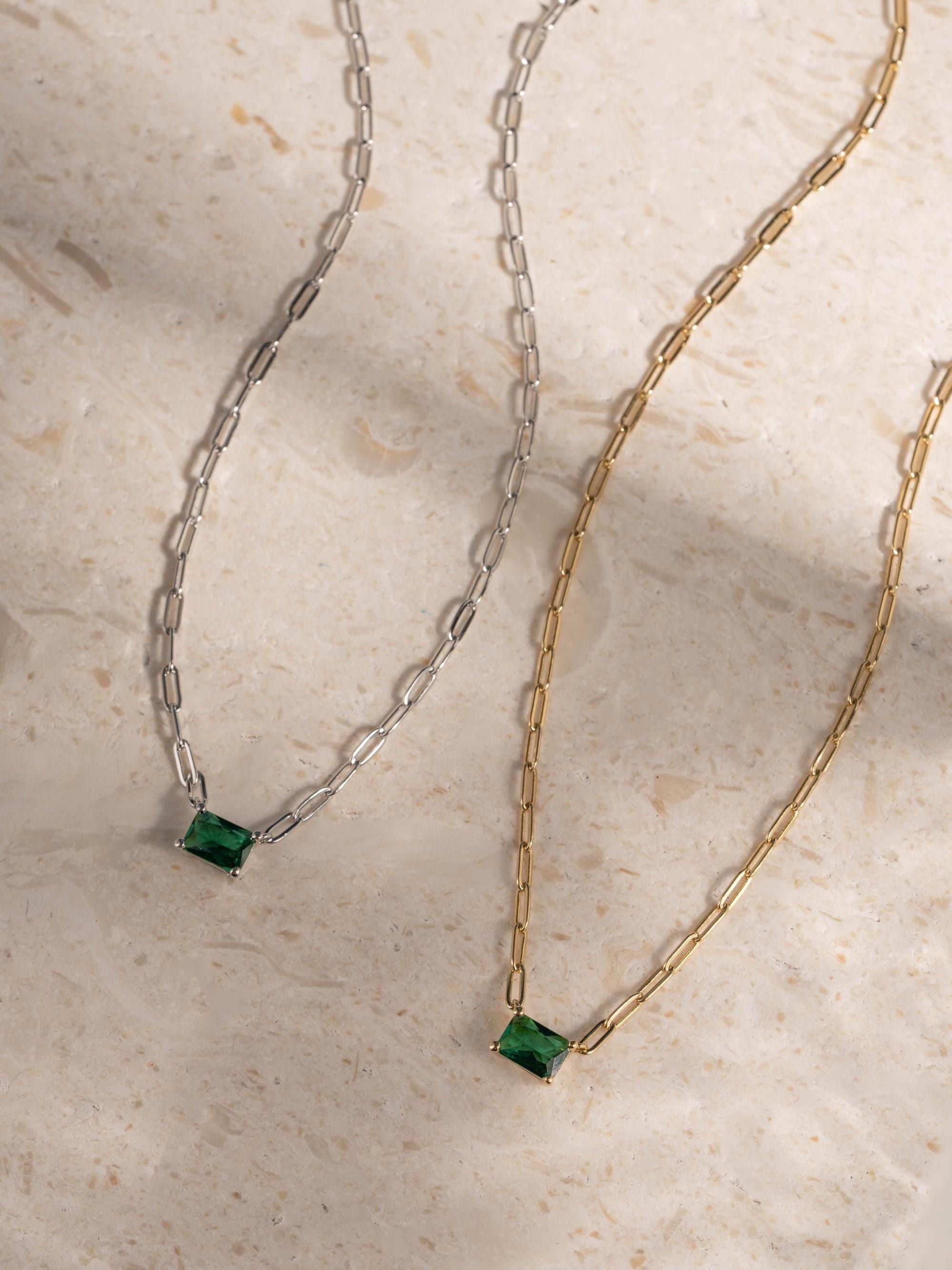 Emerald Baguette Necklace, Green Pendant Necklace, Baguette Necklace, Gemstone Necklace, Paperclip Chain Necklace, Birthstone Necklace