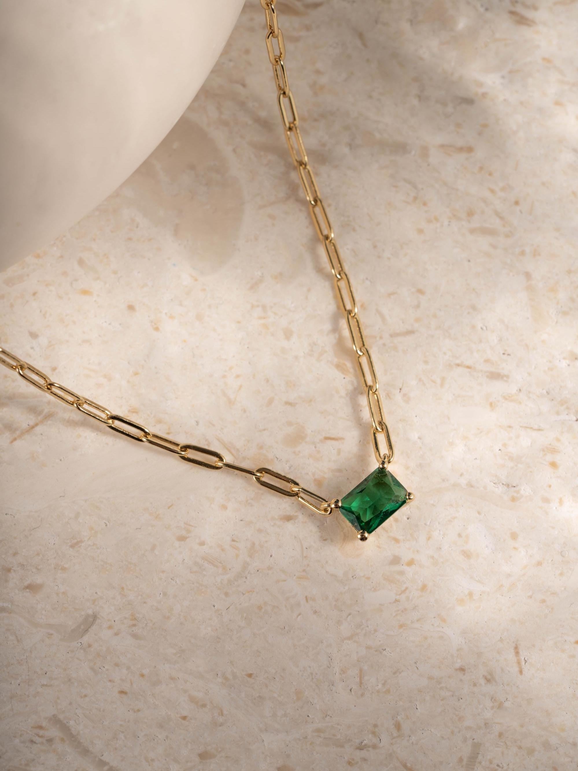 Emerald Baguette Necklace, Green Pendant Necklace, Baguette Necklace, Gemstone Necklace, Paperclip Chain Necklace, Birthstone Necklace